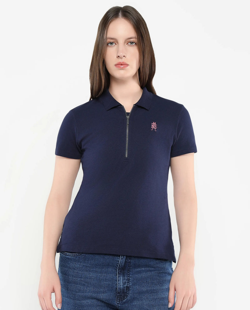 Rareism Women Laken Navy Cotton Lycra Fabric Short Sleeve Polo Collar Zipper Closure Plain Polo