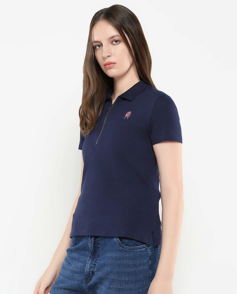 Rareism Women Laken Navy Cotton Lycra Fabric Short Sleeve Polo Collar Zipper Closure Plain Polo