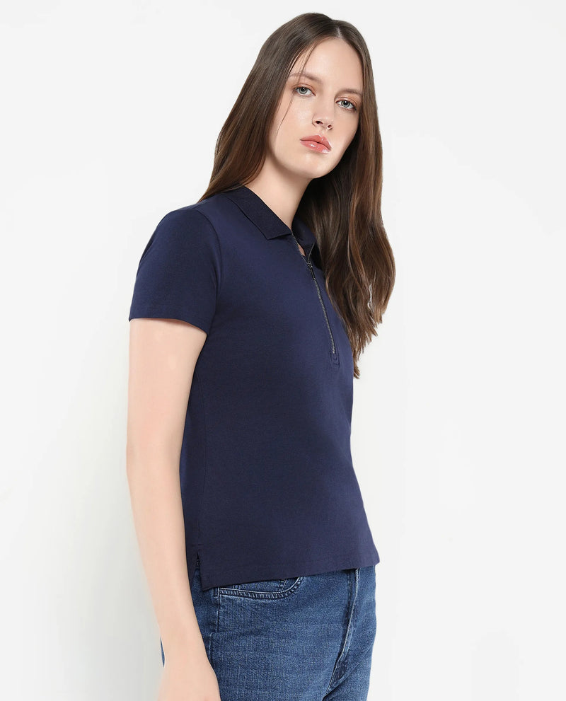 Rareism Women Laken Navy Cotton Lycra Fabric Short Sleeve Polo Collar Zipper Closure Plain Polo