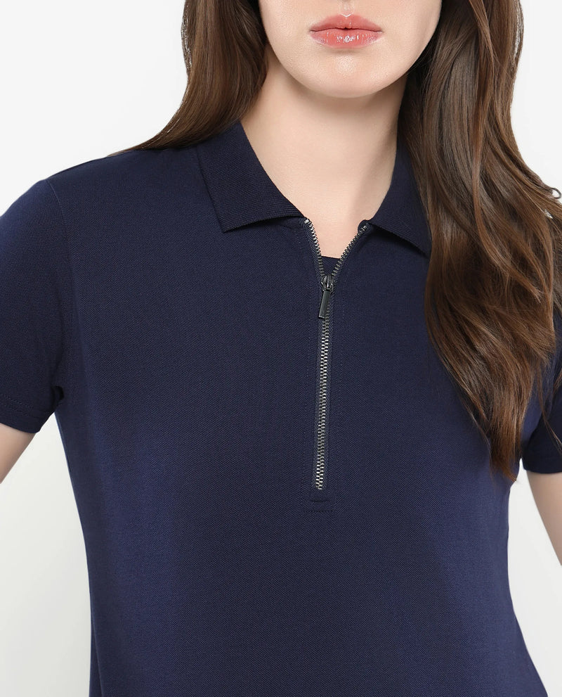 Rareism Women Laken Navy Cotton Lycra Fabric Short Sleeve Polo Collar Zipper Closure Plain Polo