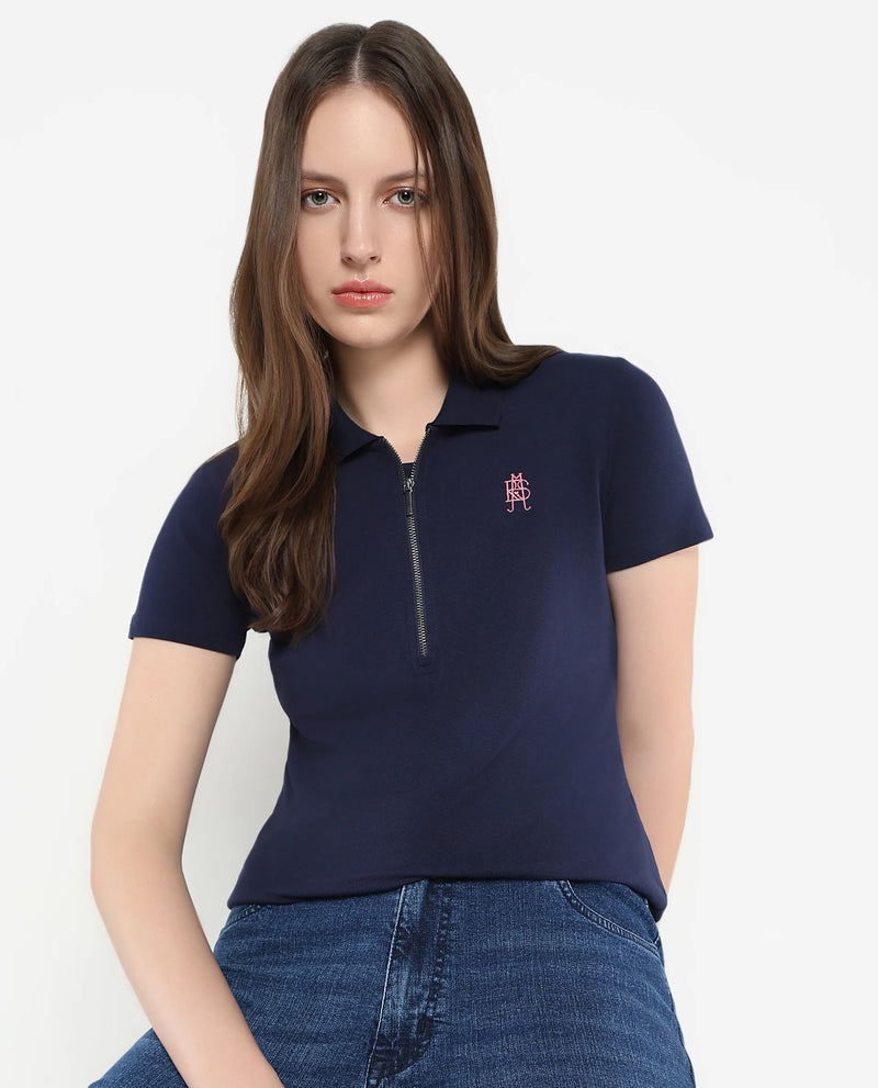 Rareism Women Laken Navy Cotton Lycra Fabric Short Sleeve Polo Collar Zipper Closure Plain Polo