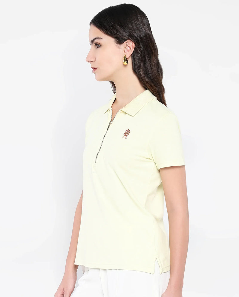 Rareism Women Laken Pastel Green Cotton Lycra Fabric Short Sleeve Polo Collar Zipper Closure Plain Polo