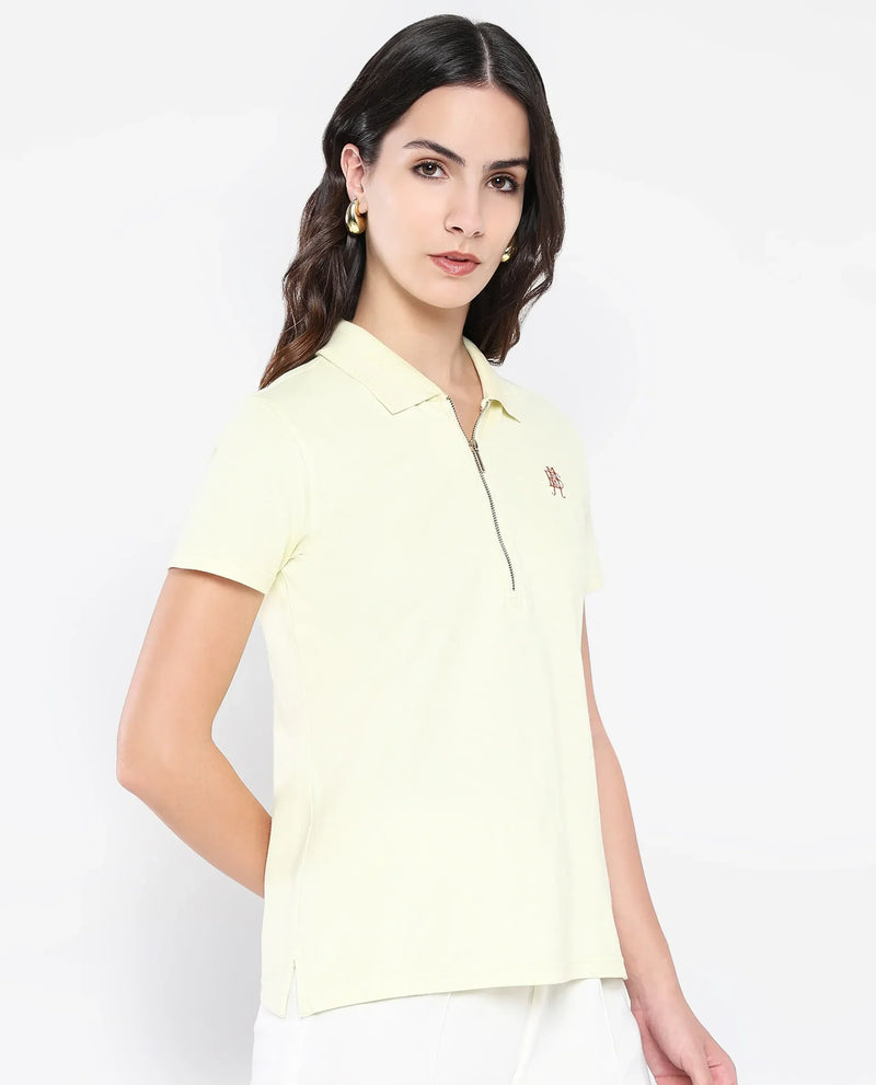 Rareism Women Laken Pastel Green Cotton Lycra Fabric Short Sleeve Polo Collar Zipper Closure Plain Polo