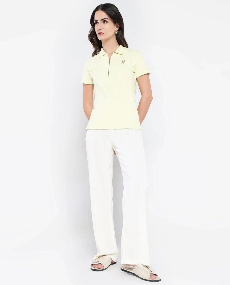 Rareism Women Laken Pastel Green Cotton Lycra Fabric Short Sleeve Polo Collar Zipper Closure Plain Polo