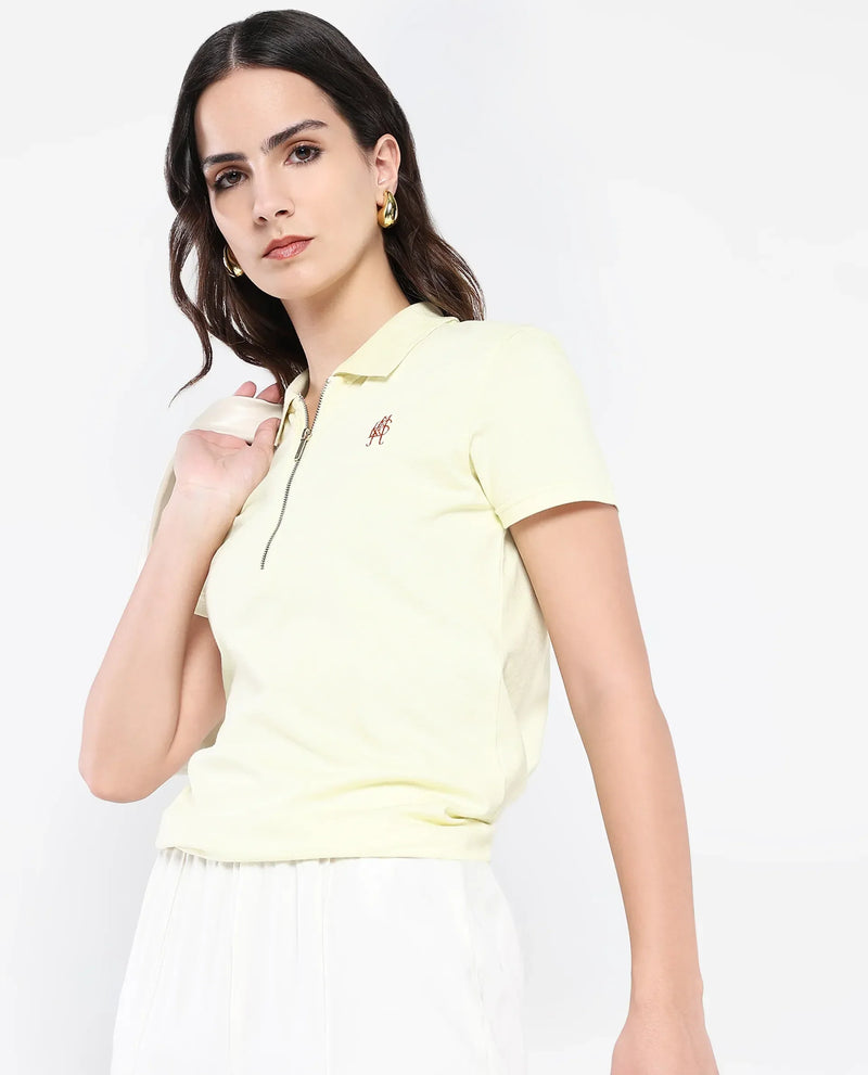 Rareism Women Laken Pastel Green Cotton Lycra Fabric Short Sleeve Polo Collar Zipper Closure Plain Polo