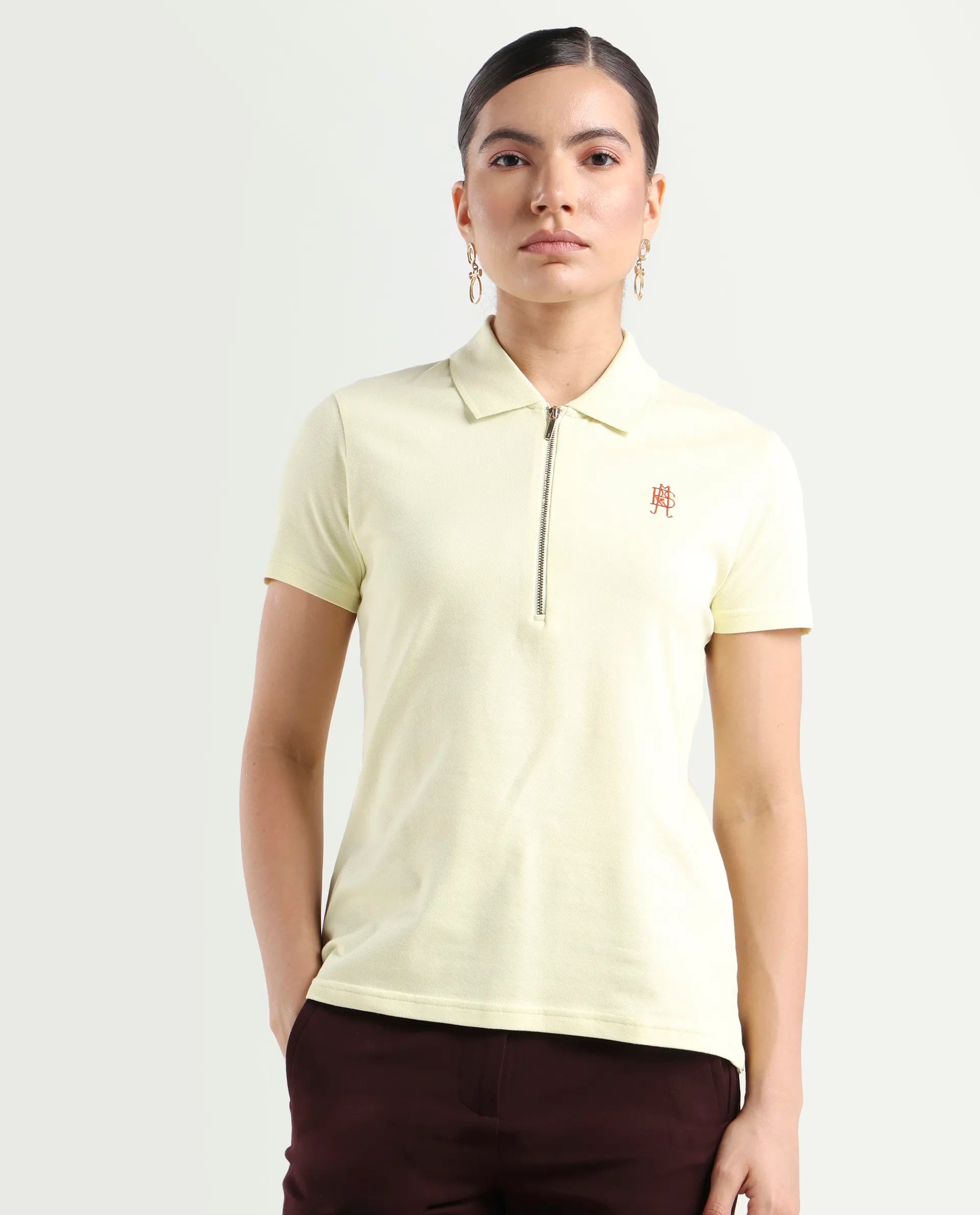 Rareism Women's Laken Pastel Green Cotton Blend Polo Neck Plain Regular Fit Polo