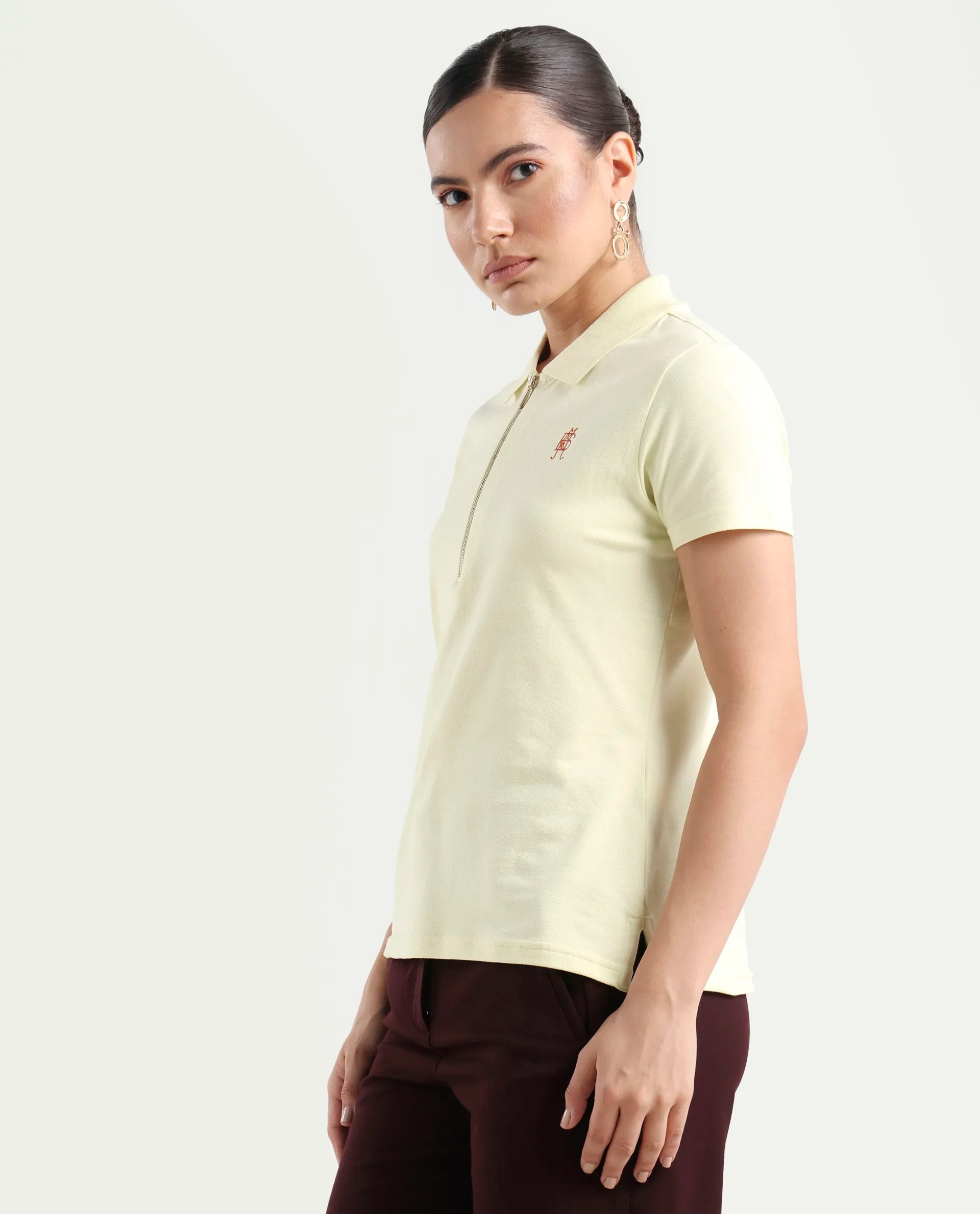 Rareism Women's Laken Pastel Green Cotton Blend Polo Neck Plain Regular Fit Polo