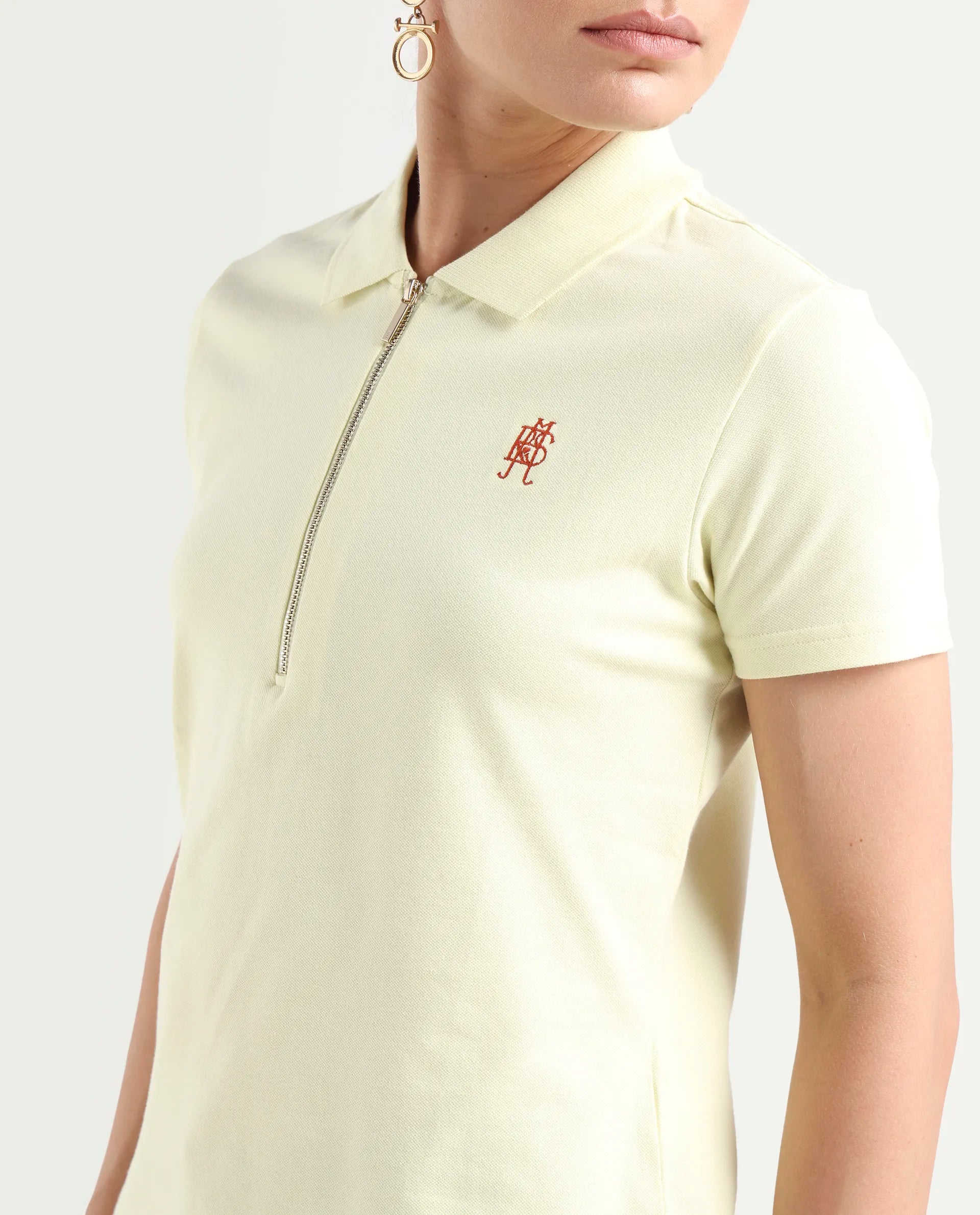 Rareism Women's Laken Pastel Green Cotton Blend Polo Neck Plain Regular Fit Polo