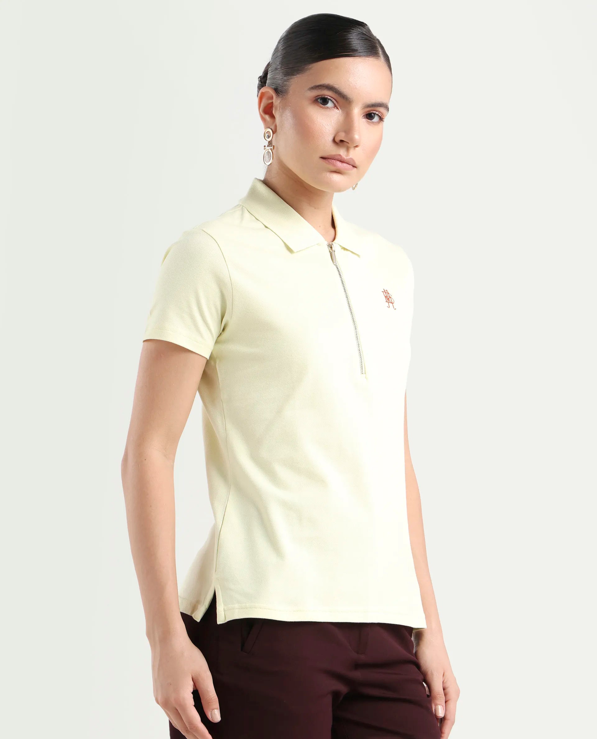 Rareism Women's Laken Pastel Green Cotton Blend Polo Neck Plain Regular Fit Polo