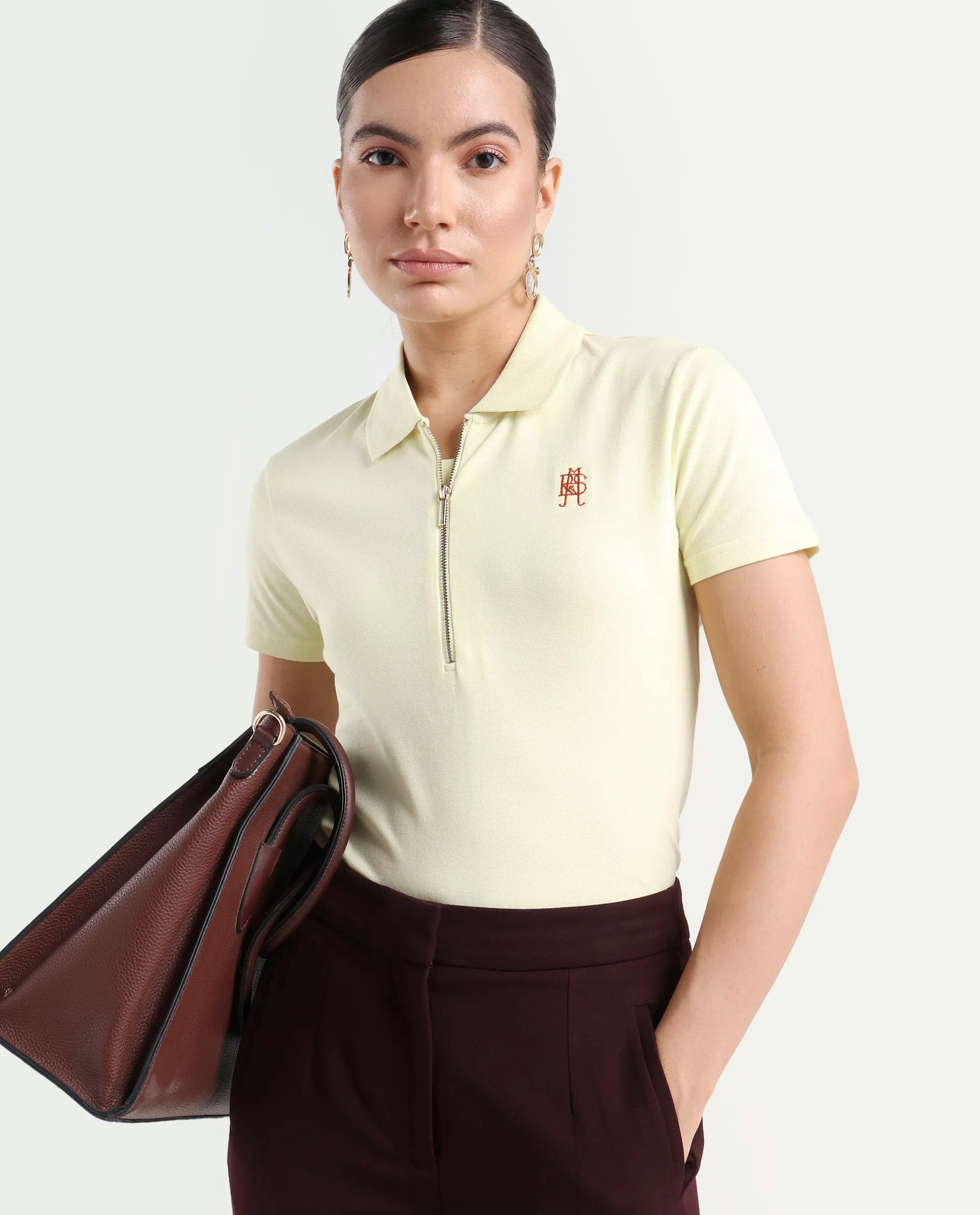 Rareism Women's Laken Pastel Green Cotton Blend Polo Neck Plain Regular Fit Polo