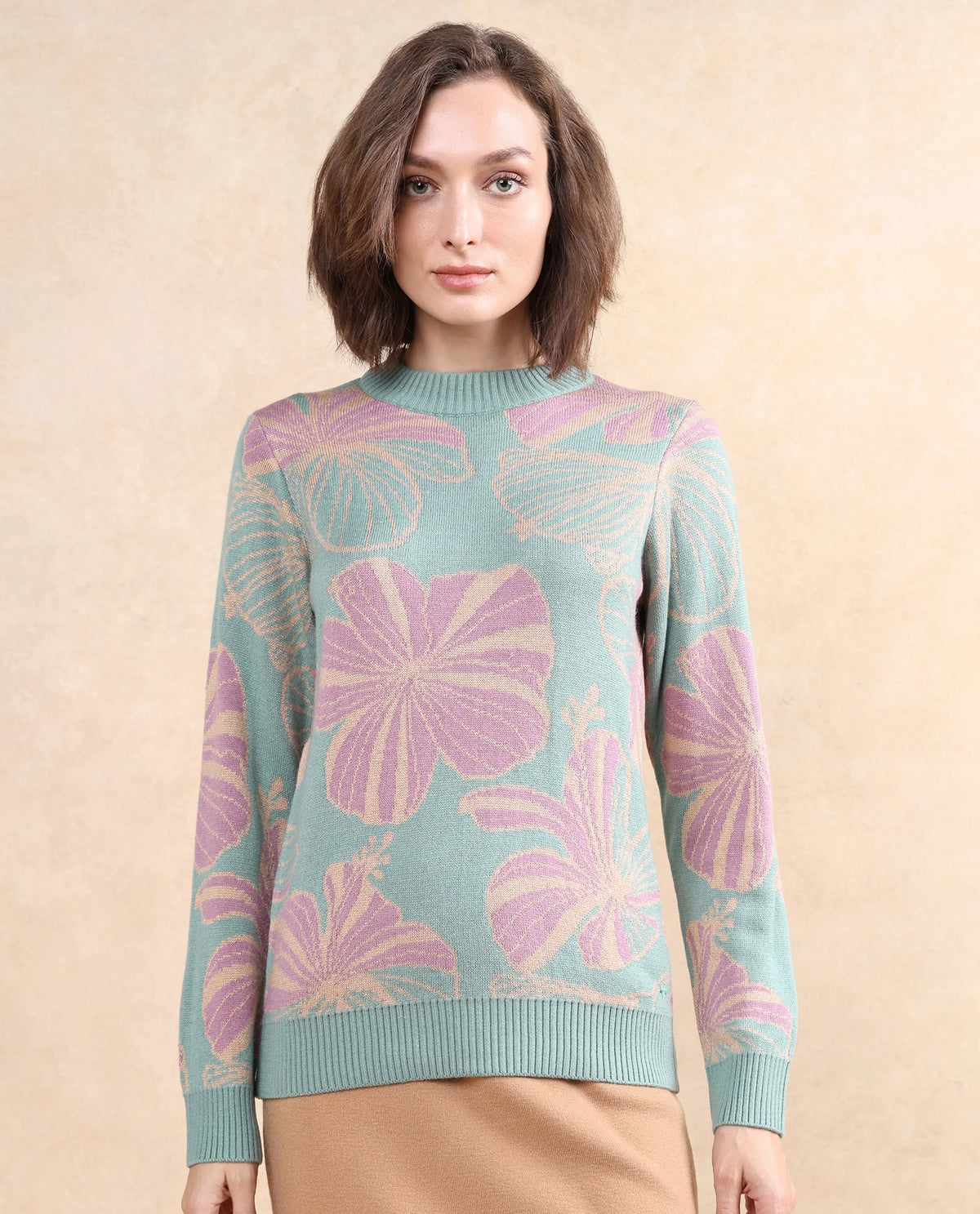 Rareism Women Lakent Light Blue Relaxed Fit Jacquard Sweater