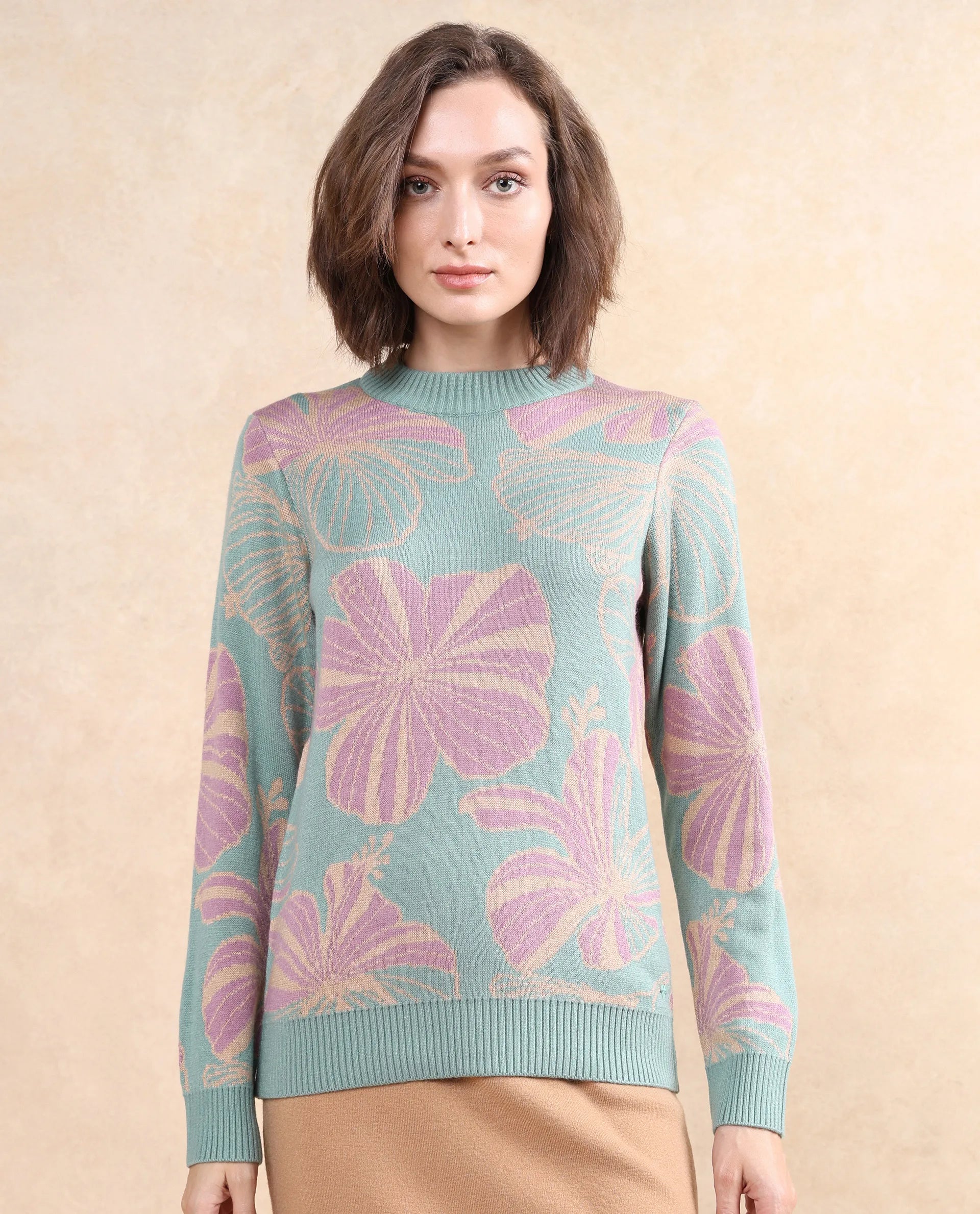 Rareism Women's Lakent Light Blue Acrylic Crew Neck Jacquard Regular Fit Sweater
