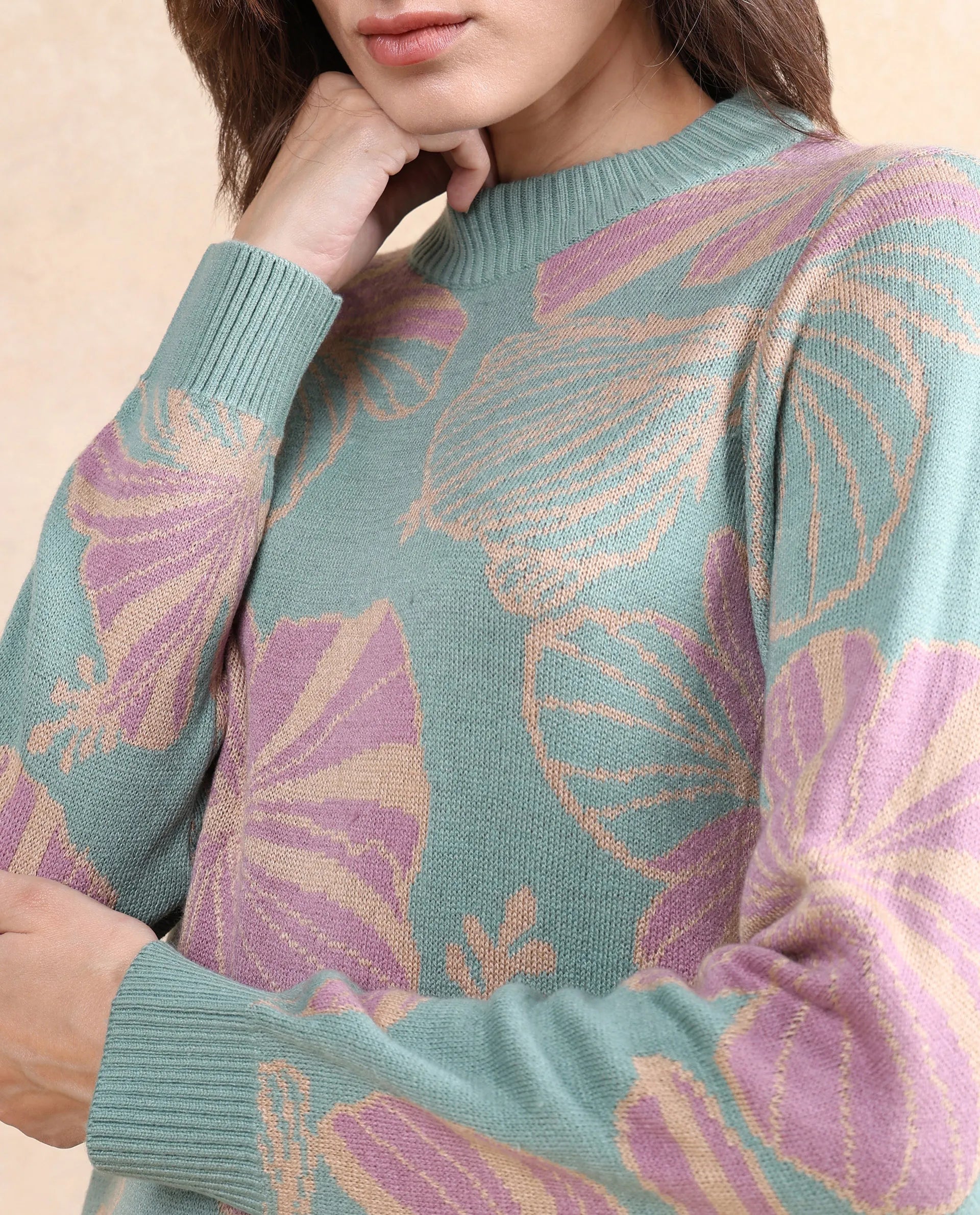 Rareism Women's Lakent Light Blue Acrylic Crew Neck Jacquard Regular Fit Sweater