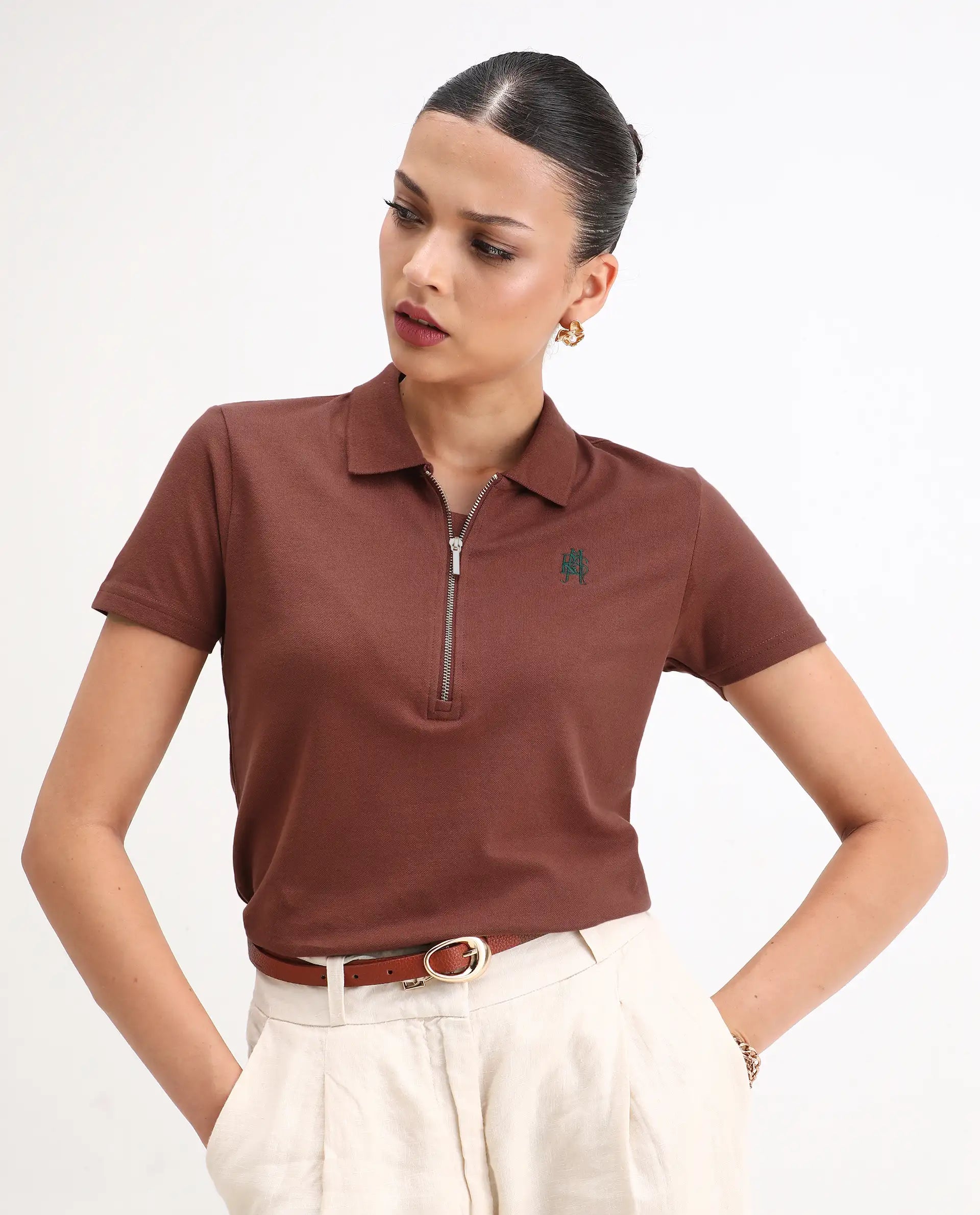 Rareism Women's Laken Brown Cotton Blend Polo Neck Plain Regular Fit Polo