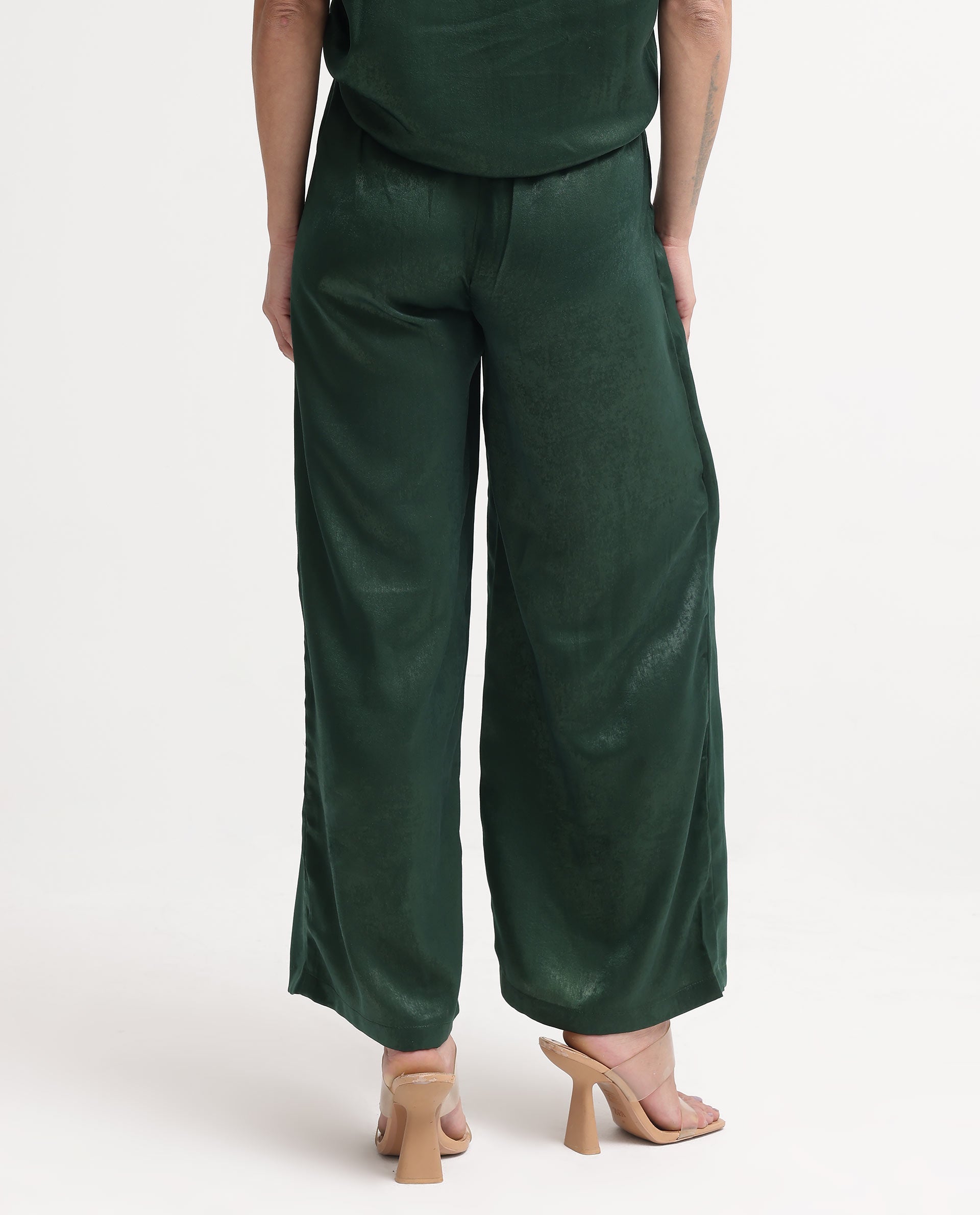 Rareism Women's Lamona-B Dark Green Polyester Plain Ankle Length Wide Trouser