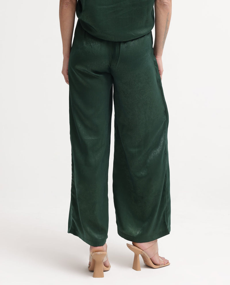 Rareism Women Lamona-B Dark Green Wide Leg Plain Ankle Length Trouser