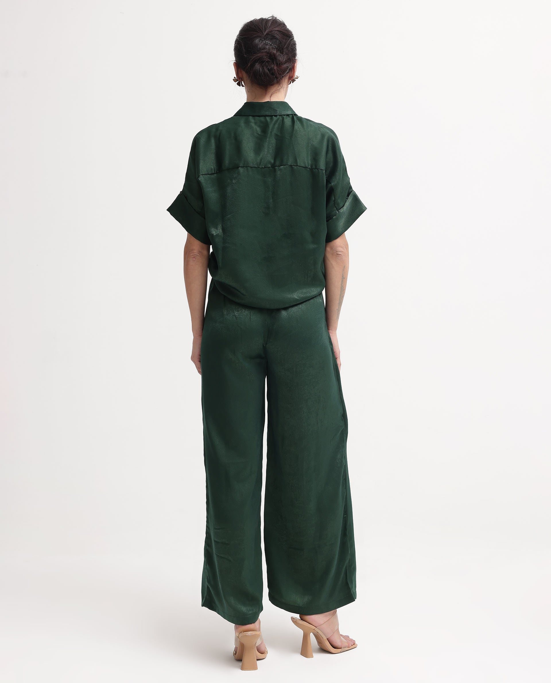 Rareism Women's Lamona-B Dark Green Polyester Plain Ankle Length Wide Trouser