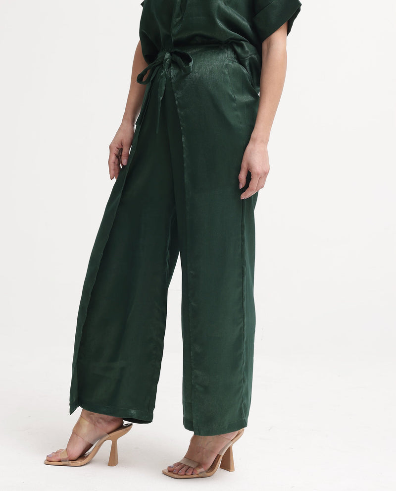 Rareism Women Lamona-B Dark Green Wide Leg Plain Ankle Length Trouser