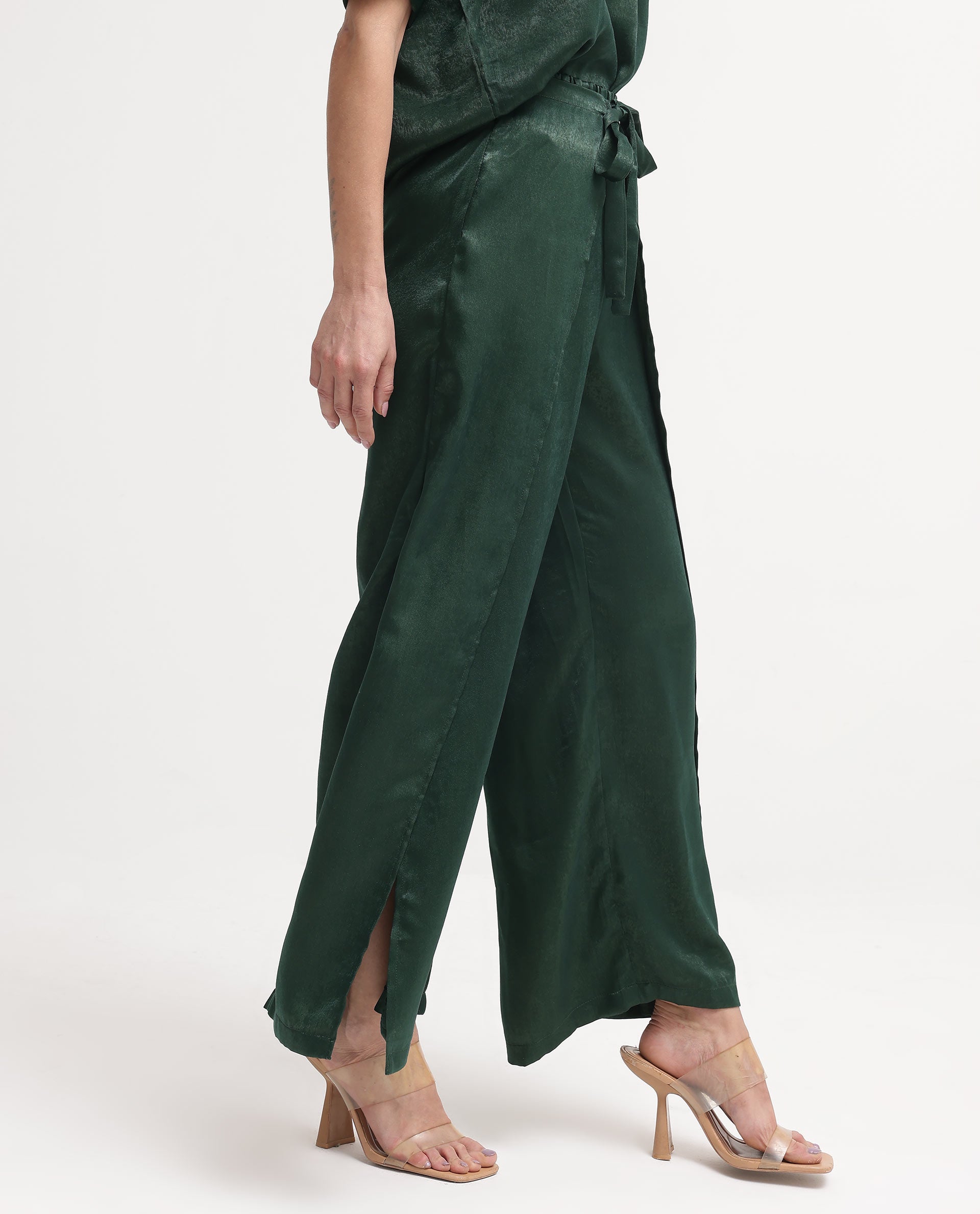 Rareism Women's Lamona-B Dark Green Polyester Plain Ankle Length Wide Trouser