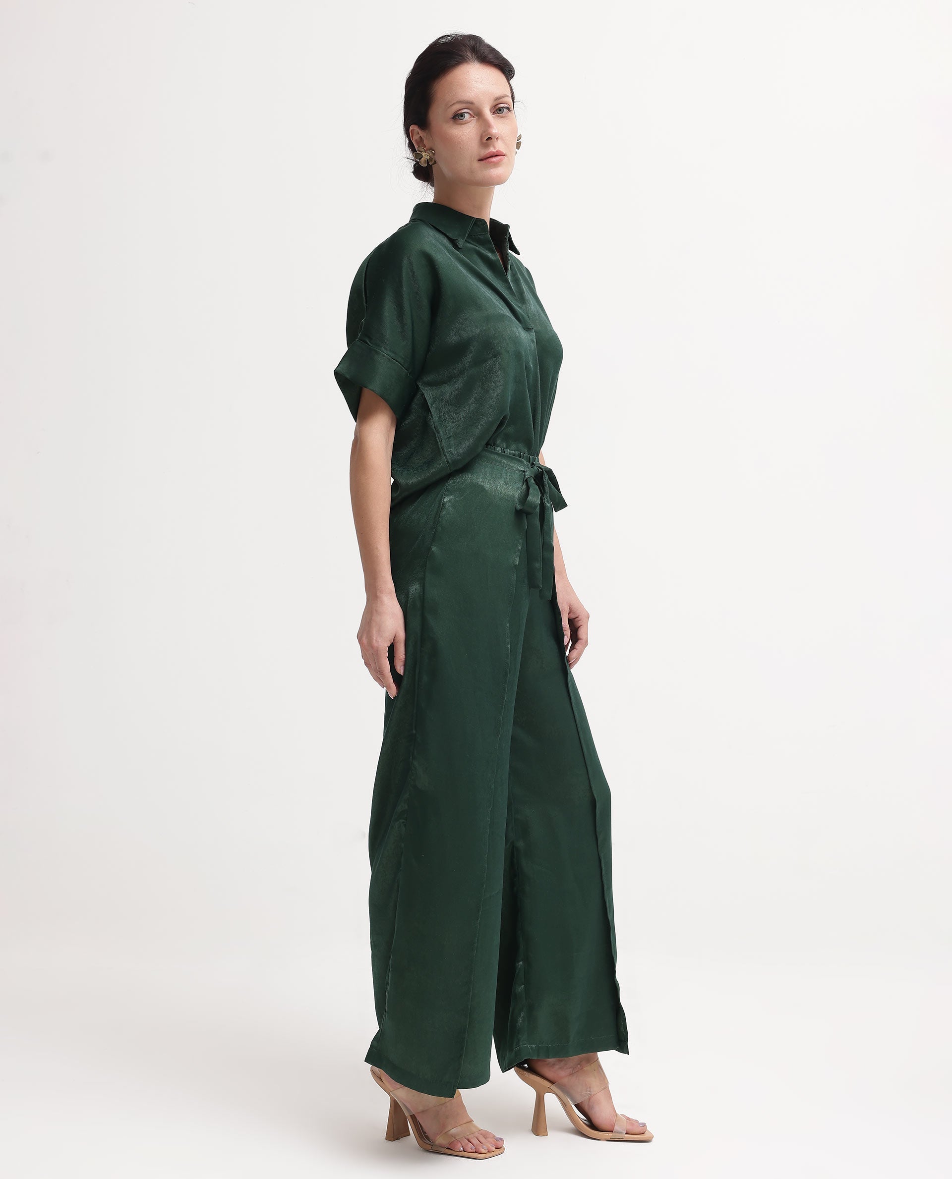 Rareism Women's Lamona-B Dark Green Polyester Plain Ankle Length Wide Trouser
