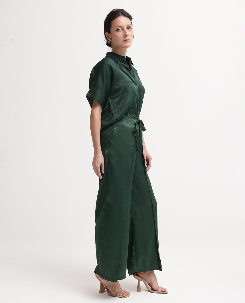 Rareism Women Lamona-B Dark Green Wide Leg Plain Ankle Length Trouser