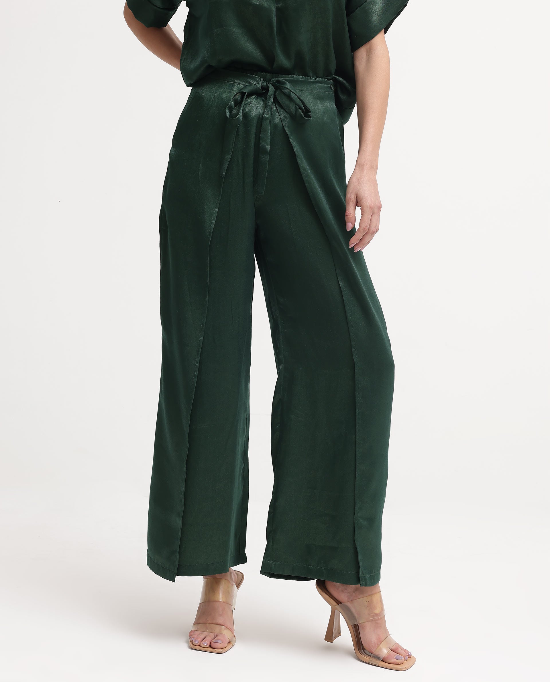 Rareism Women's Lamona-B Dark Green Polyester Plain Ankle Length Wide Trouser
