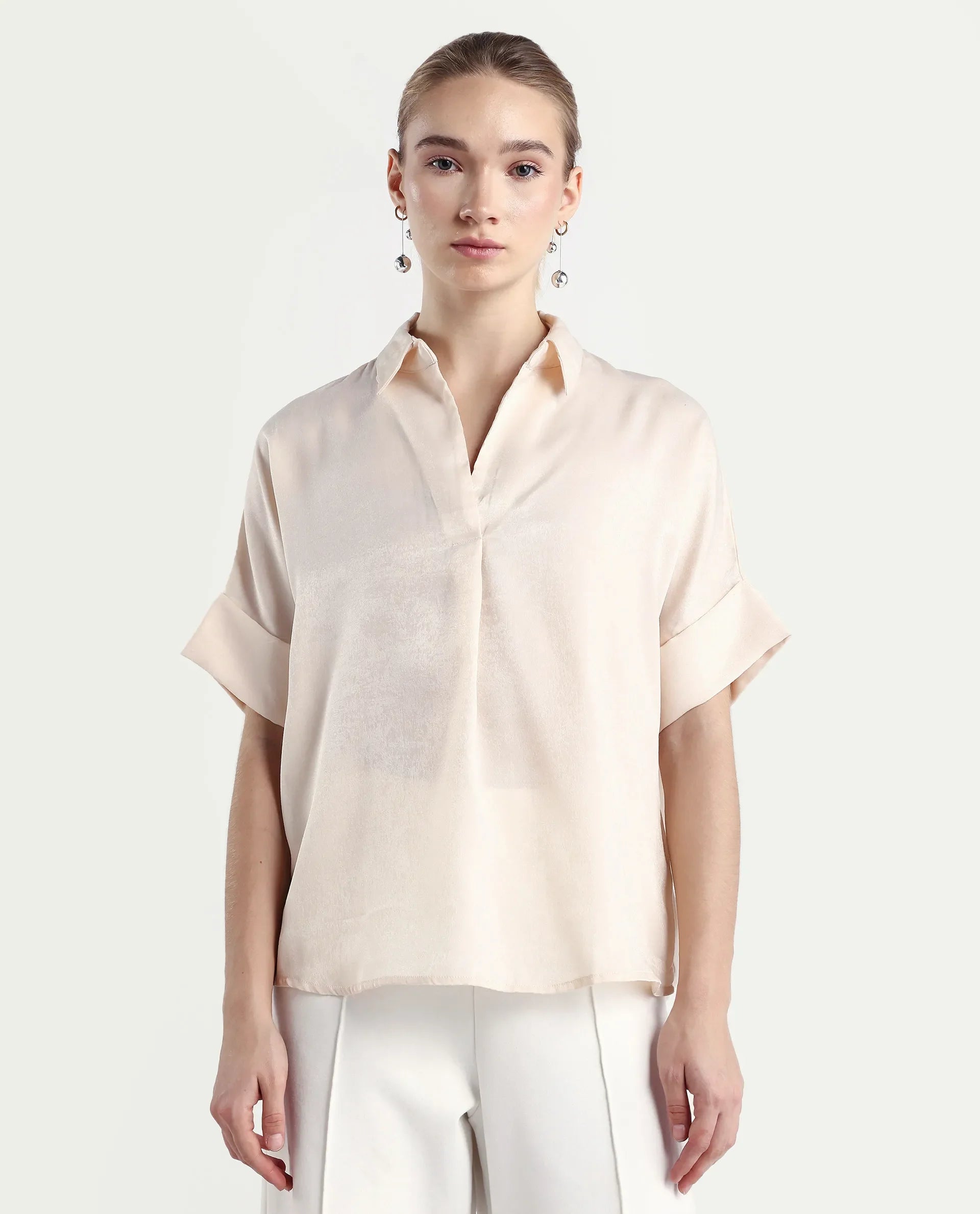 Rareism Women's Lamona T Beige Polyester Blend Drop Collar Plain Extended Sleeves Boxy Fit Top