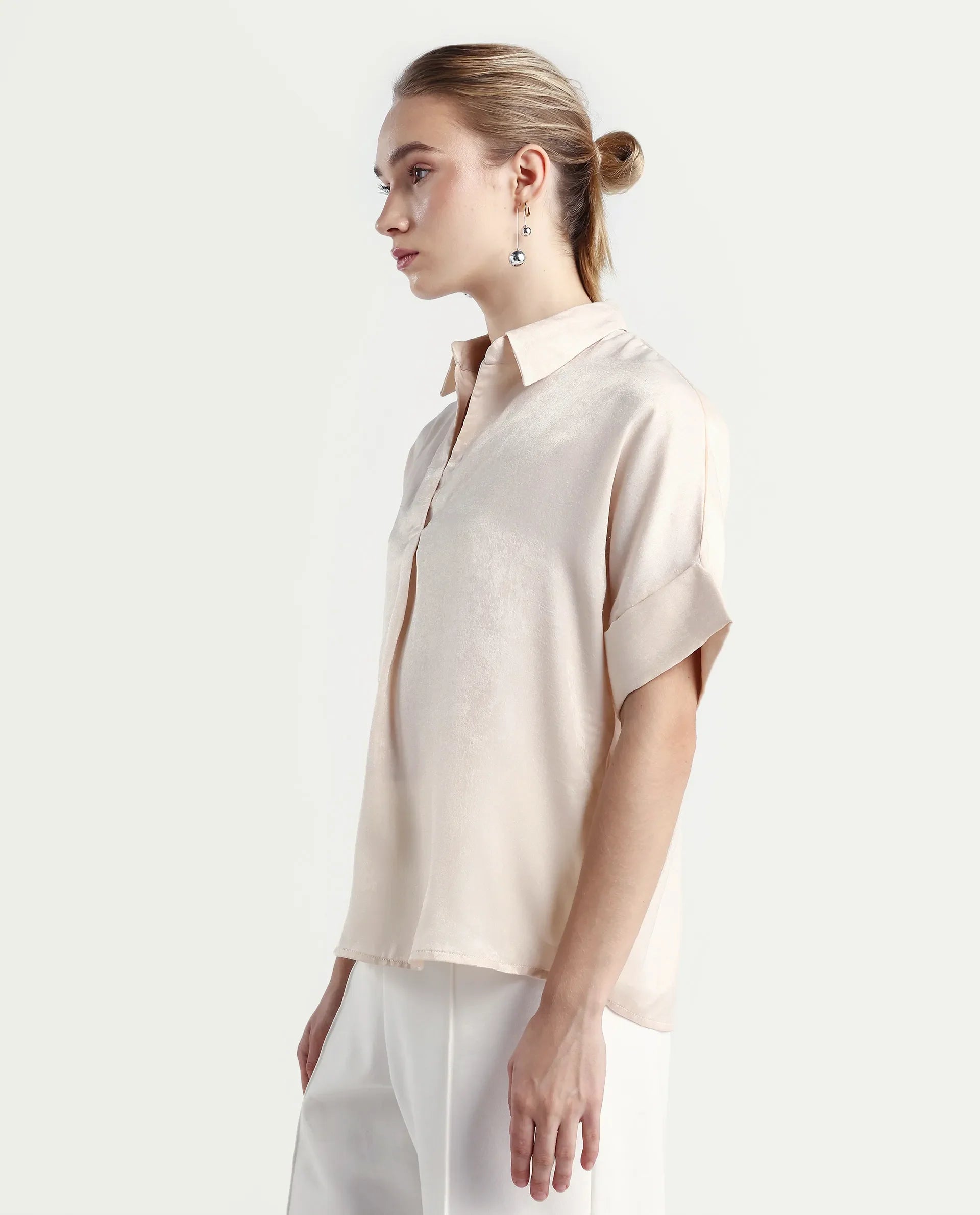 Rareism Women's Lamona T Beige Polyester Blend Drop Collar Plain Extended Sleeves Boxy Fit Top