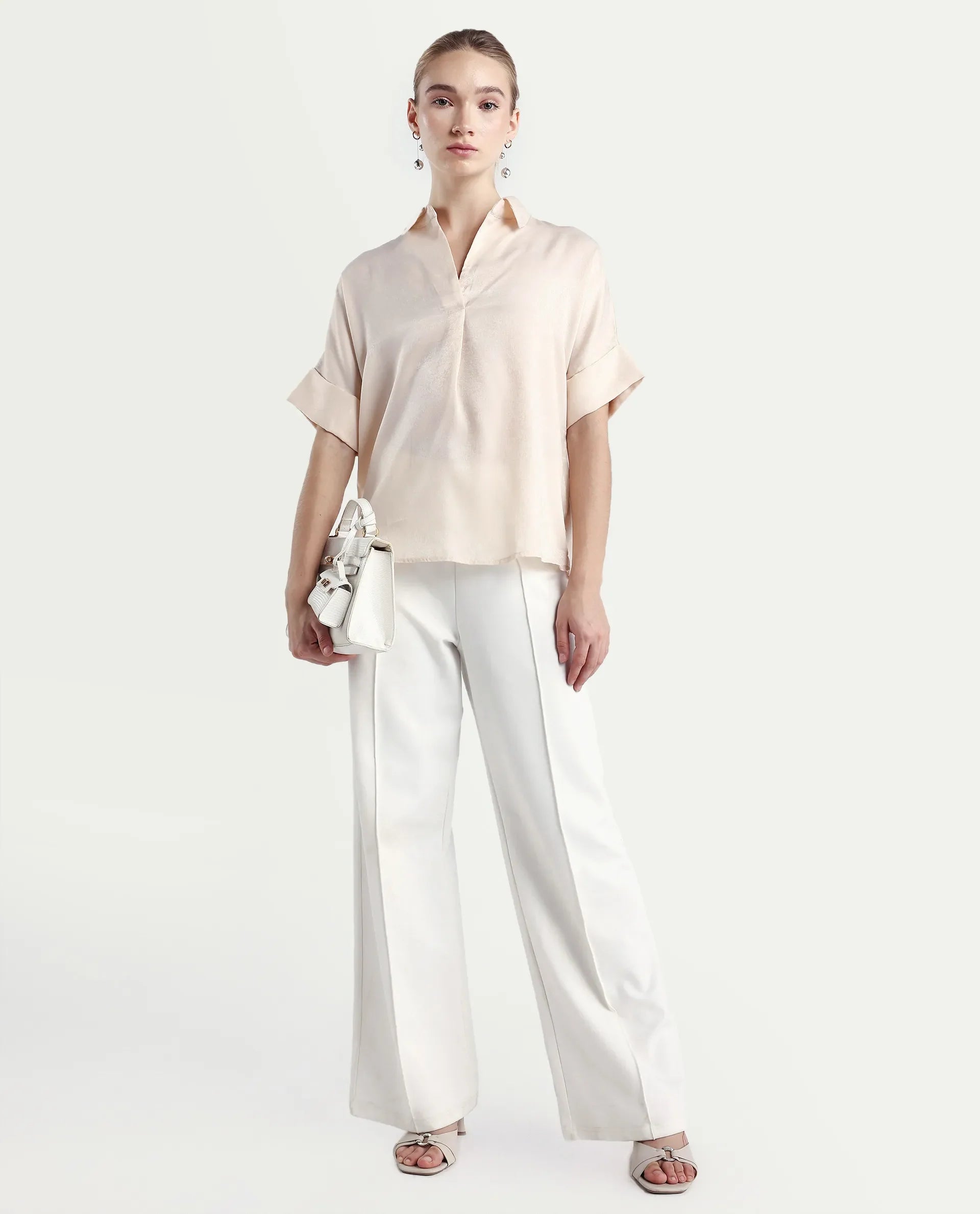 Rareism Women's Lamona T Beige Polyester Blend Drop Collar Plain Extended Sleeves Boxy Fit Top