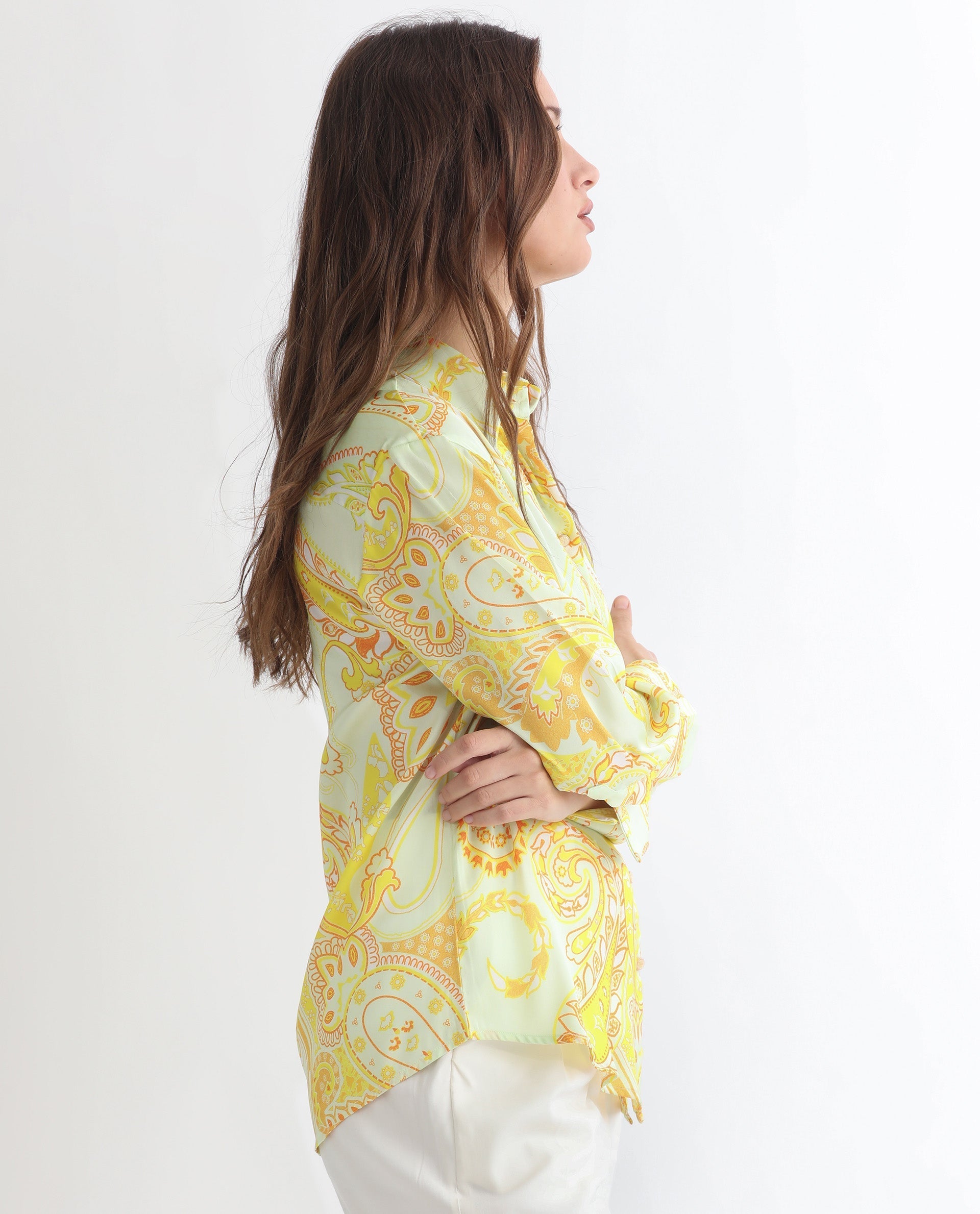 Rareism Women Lander Light Yellow Polyester Fabric Full Sleeves Button Closure Shirt Collar Regular Fit Paisley Print Top