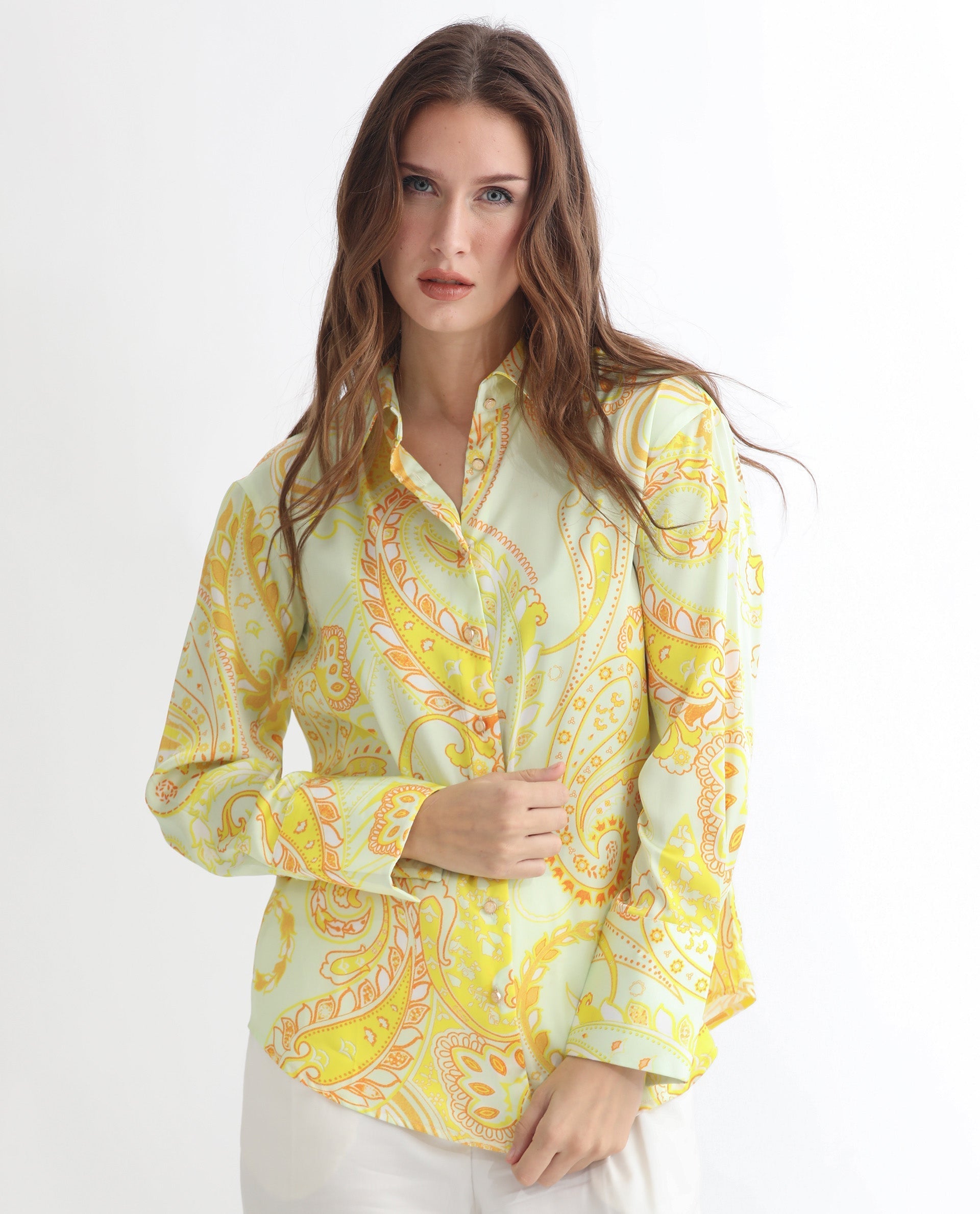 Rareism Women Lander Light Yellow Polyester Fabric Full Sleeves Button Closure Shirt Collar Regular Fit Paisley Print Top