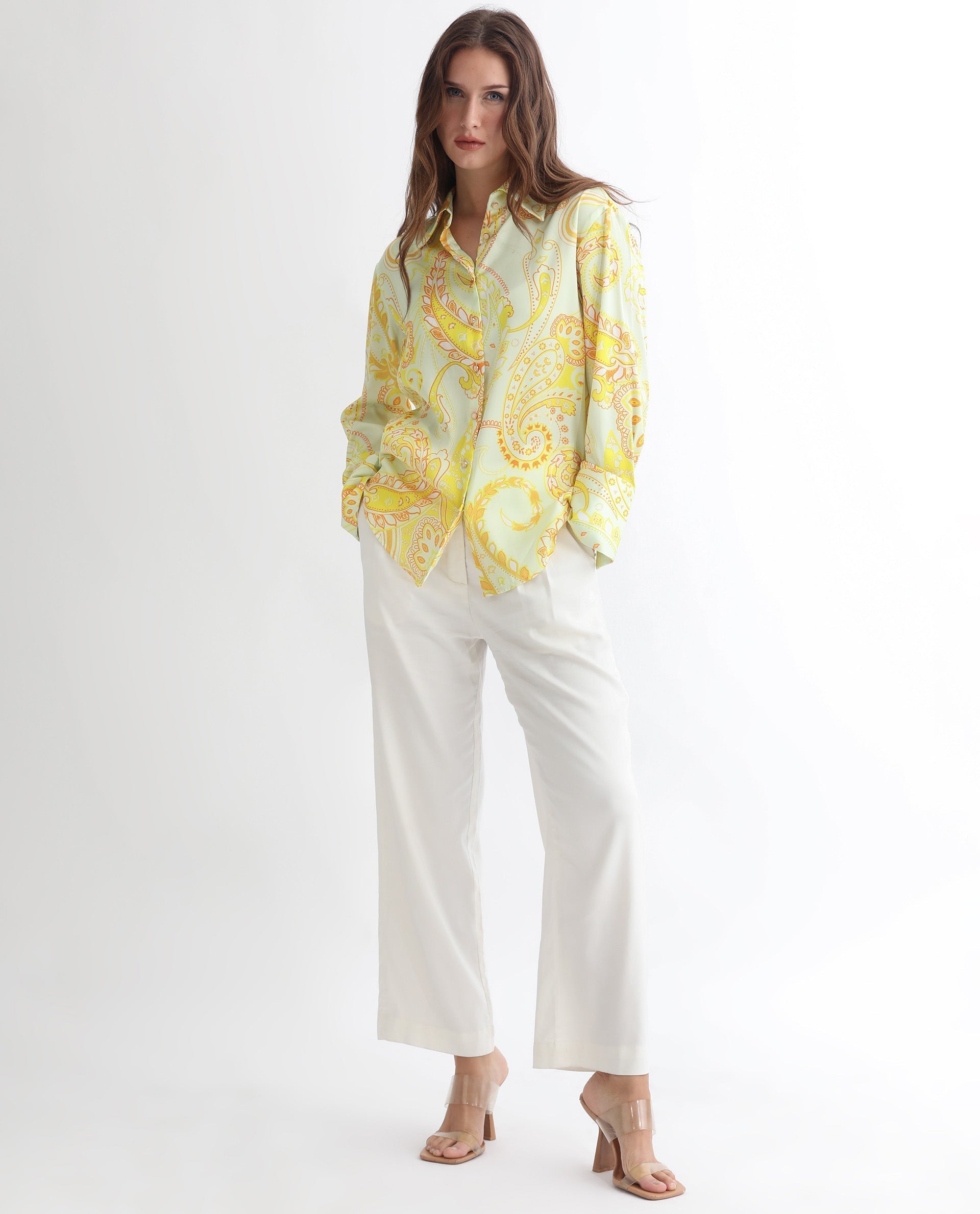 Rareism Women Lander Light Yellow Polyester Fabric Full Sleeves Button Closure Shirt Collar Regular Fit Paisley Print Top