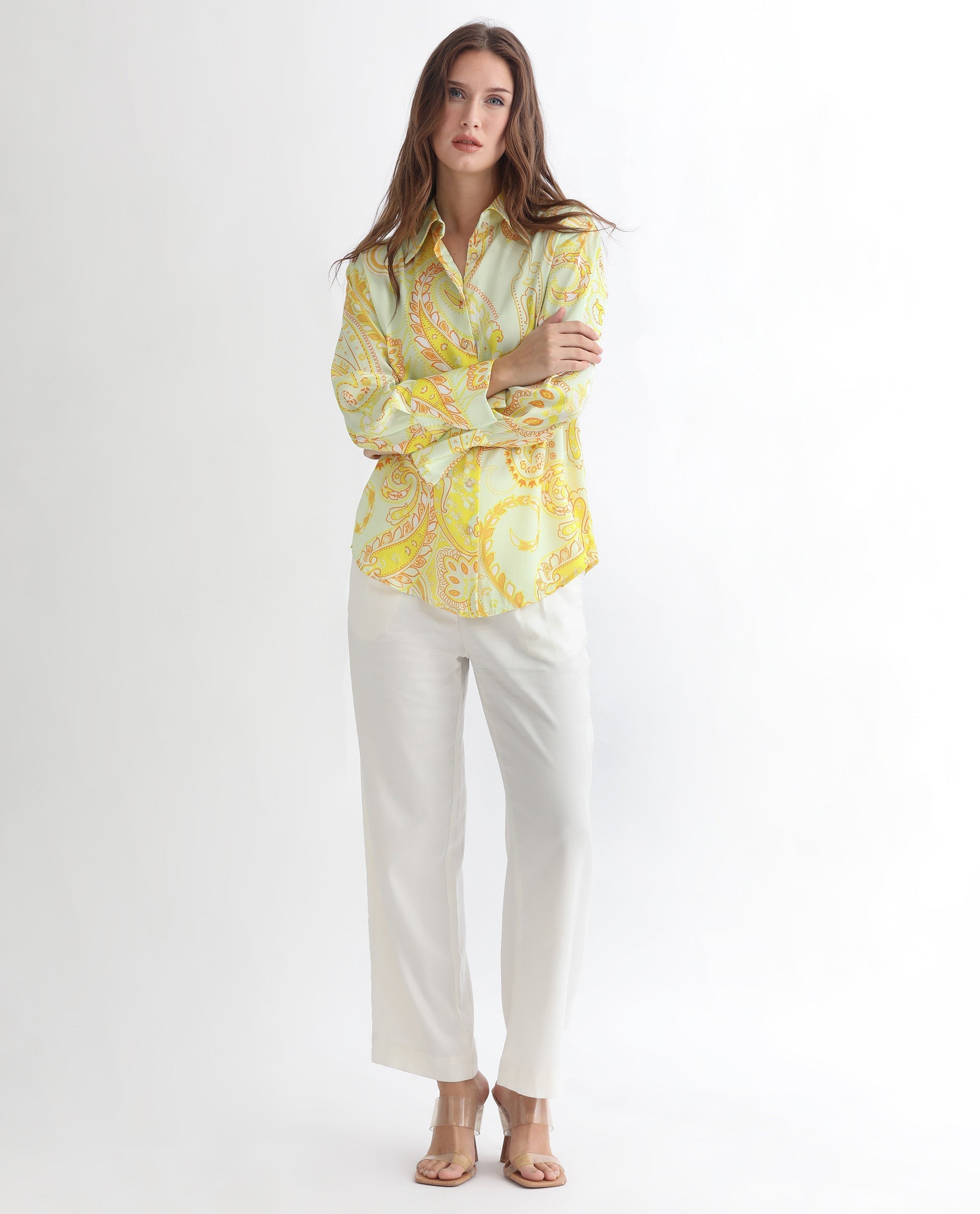 Rareism Women Lander Light Yellow Polyester Fabric Full Sleeves Button Closure Shirt Collar Regular Fit Paisley Print Top