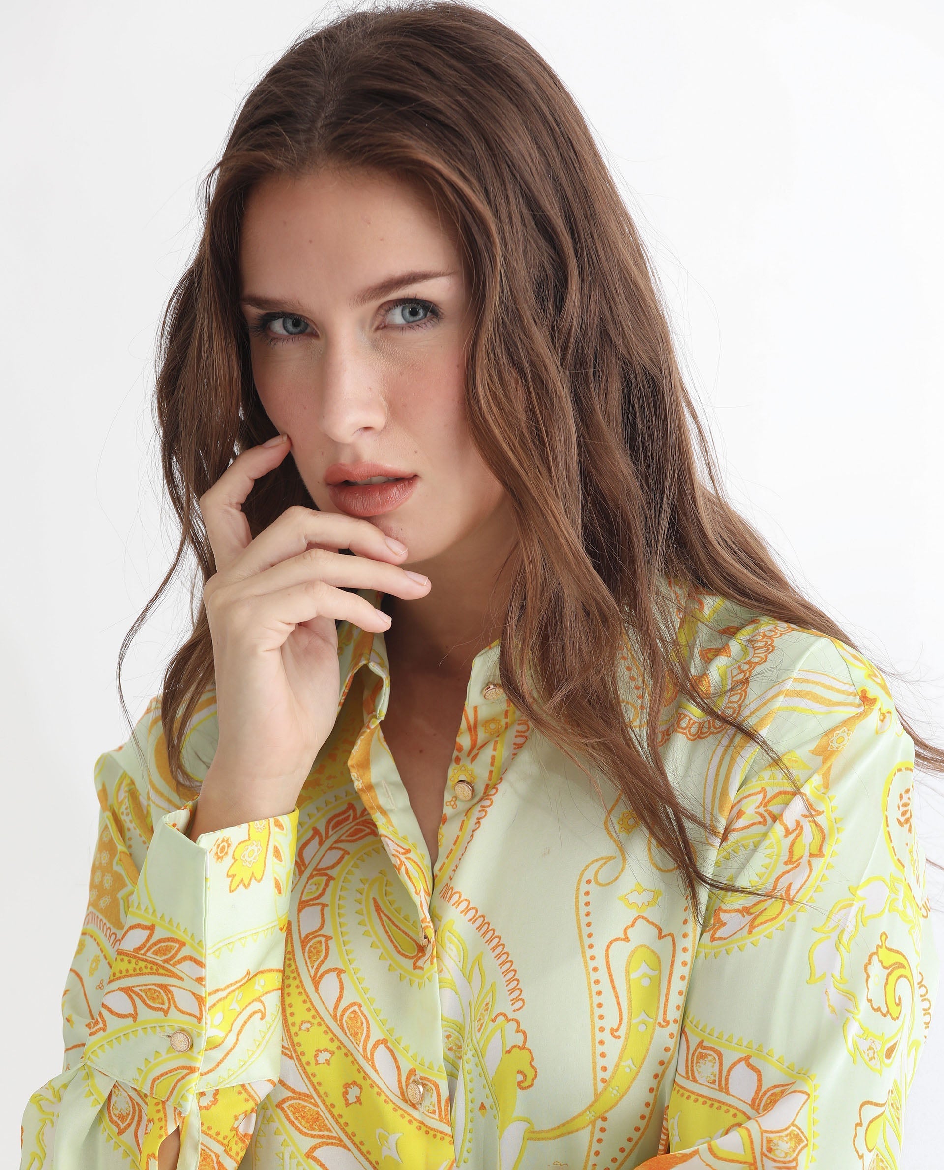 Rareism Women Lander Light Yellow Polyester Fabric Full Sleeves Button Closure Shirt Collar Regular Fit Paisley Print Top
