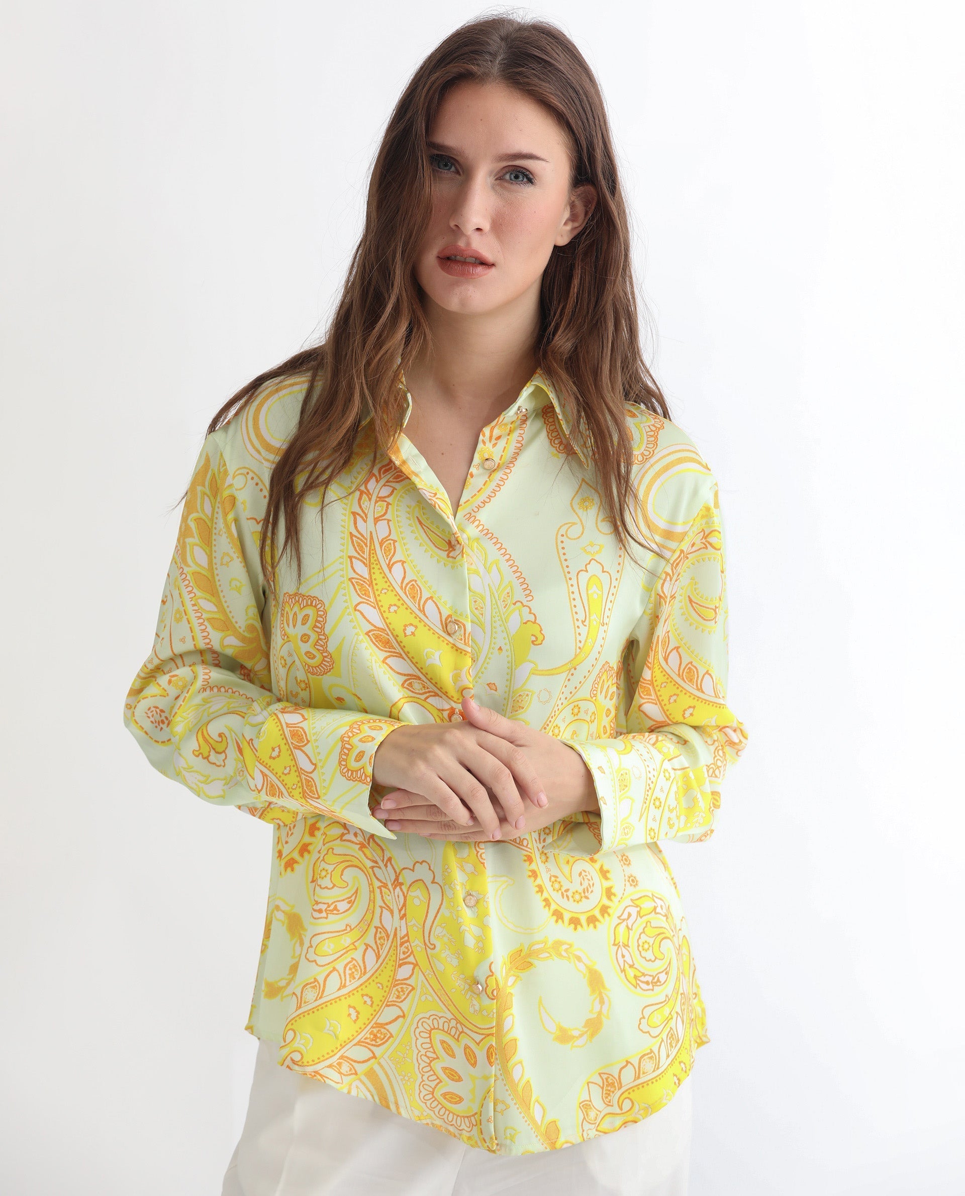 Rareism Women Lander Light Yellow Polyester Fabric Full Sleeves Button Closure Shirt Collar Regular Fit Paisley Print Top