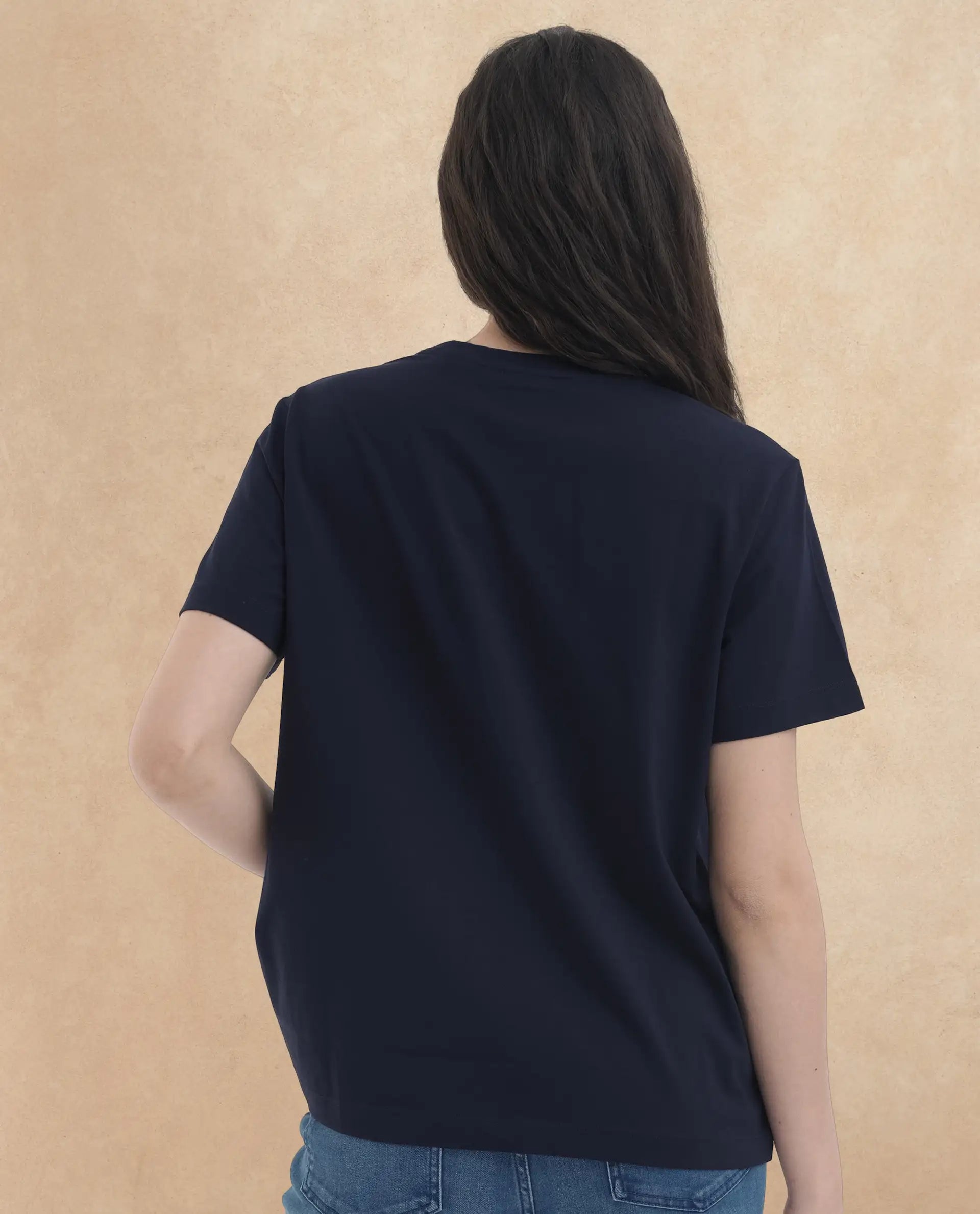 Rareism Women's Lany Dark Navy Cotton Blend Crew Neck Graphic Print Regular Fit T-Shirt