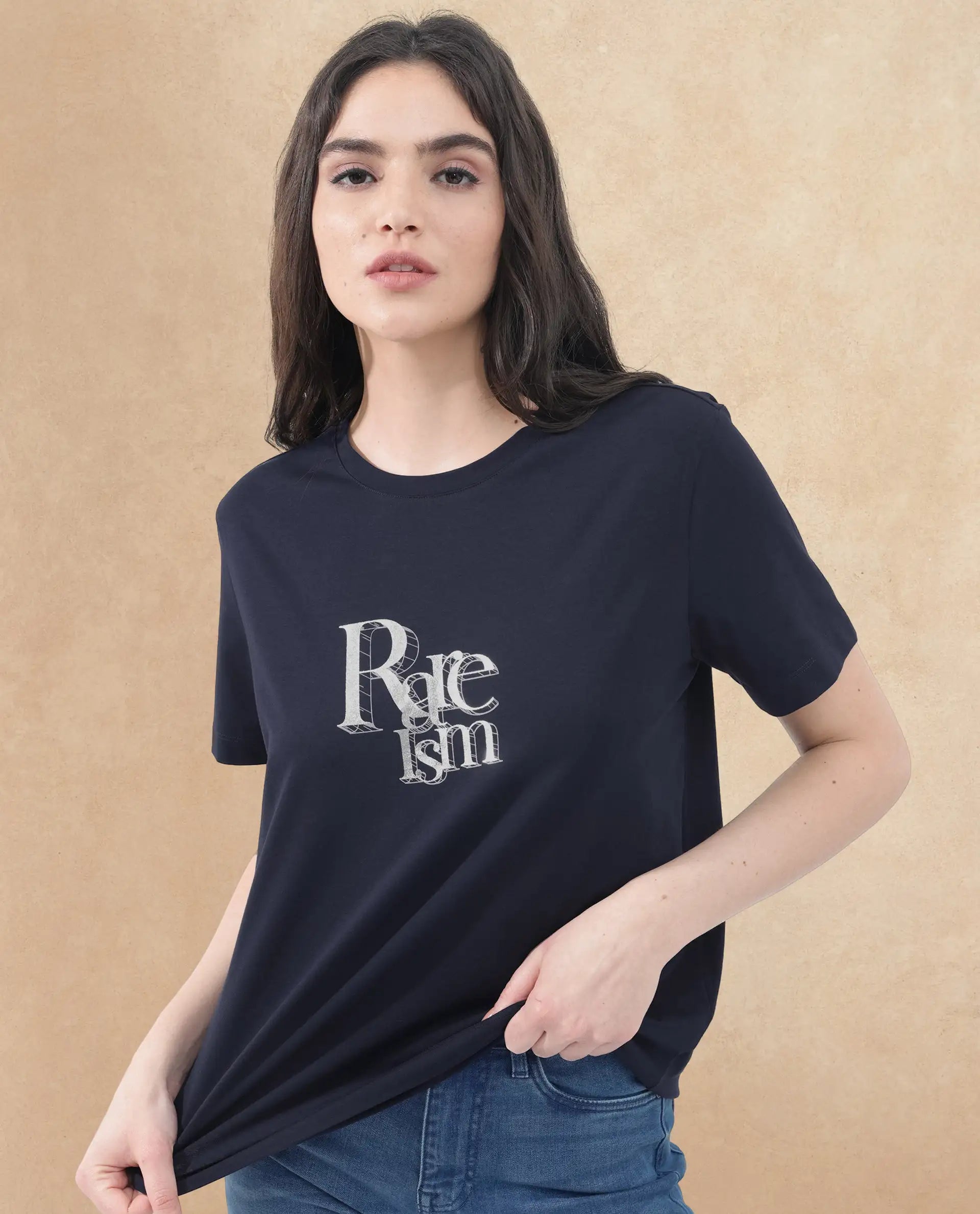 Rareism Women Lany Dark Navy Cotton Elastane Fabric Crew Neck Knit Solid T-Shirt