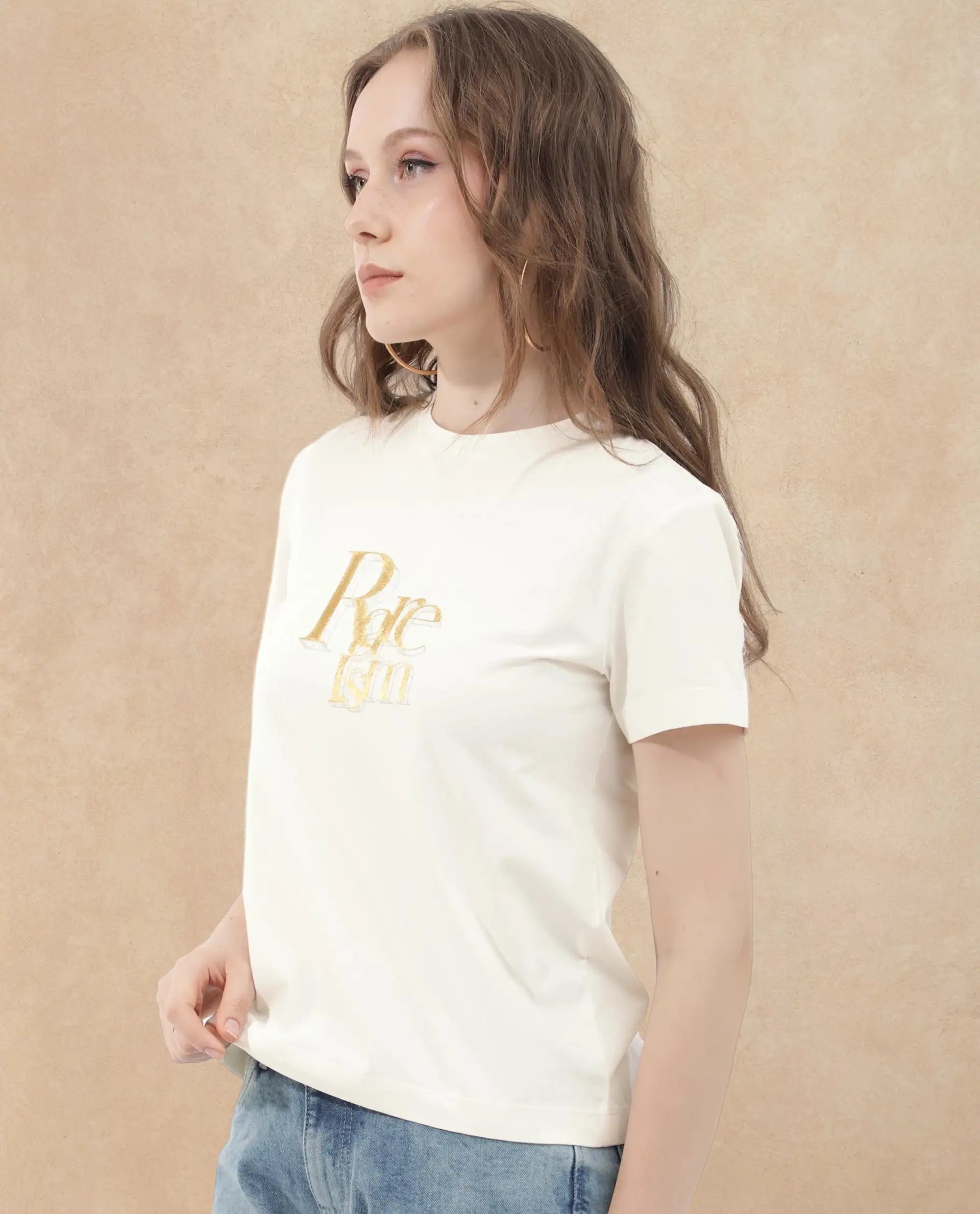 Rareism Women's Lany Off White Cotton Blend Crew Neck Graphic Print Regular Fit T-Shirt