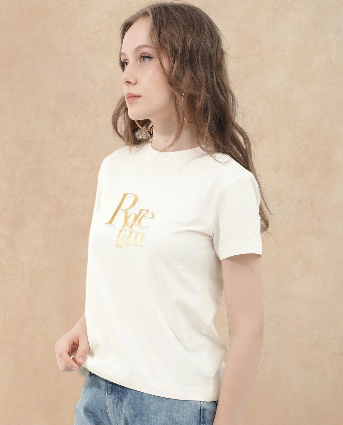 Rareism Women's Lany Off White Cotton Blend Crew Neck Graphic Print Regular Fit T-Shirt