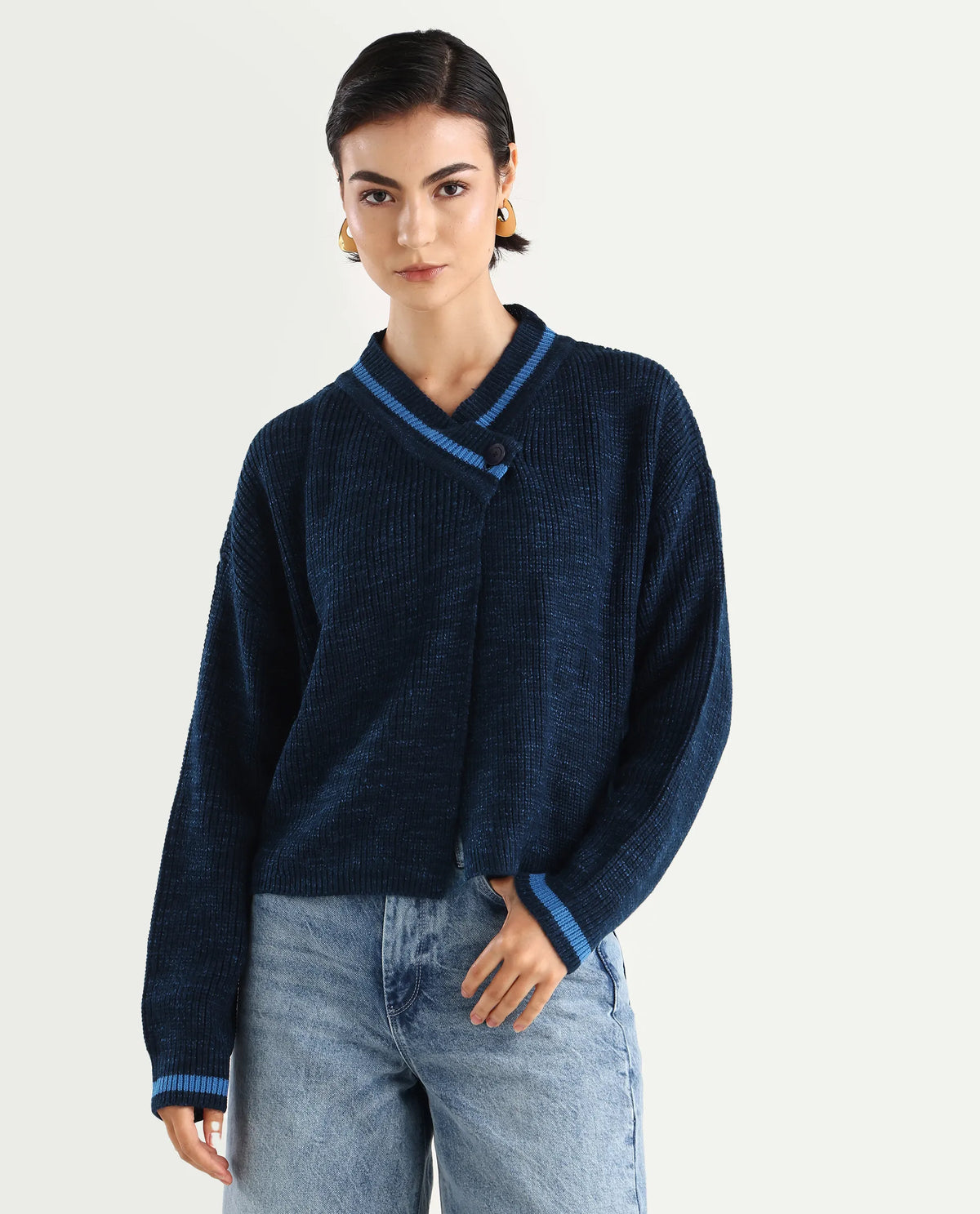 Rareism Women's Lapez Navy Overlap Neck Plain Relaxed Fit Shrug