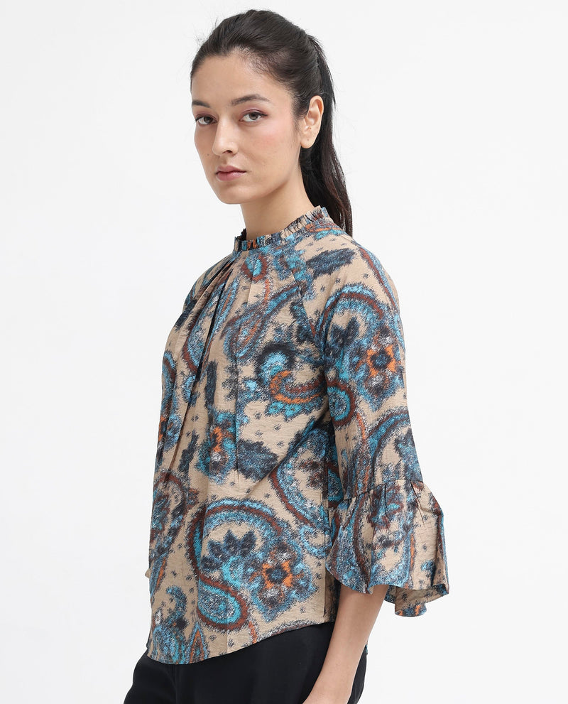 Rareism Women Lavand Multi Raglan Sleeves Ruffled Neck Button Paisley Print Top