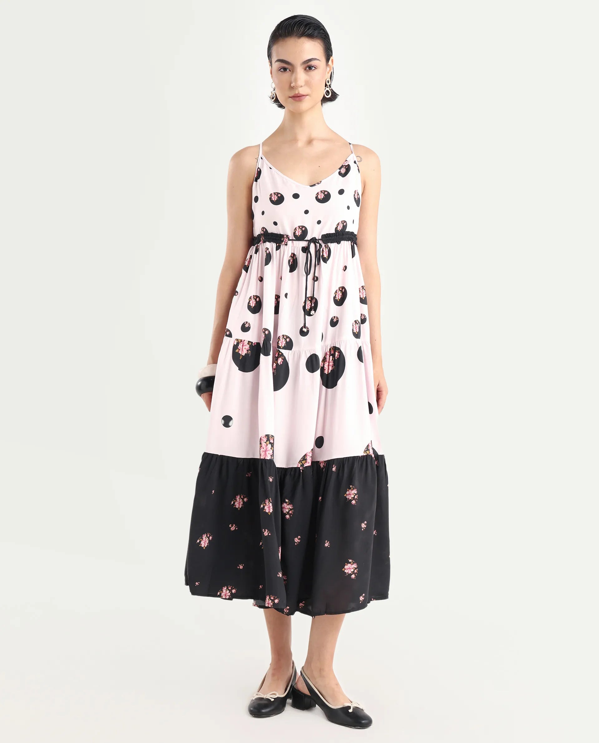 Rareism Women's Lavandula Pink Polyester Shoulder Strap Polka Print Shoulder Strap Midi Relaxed Fit Dress