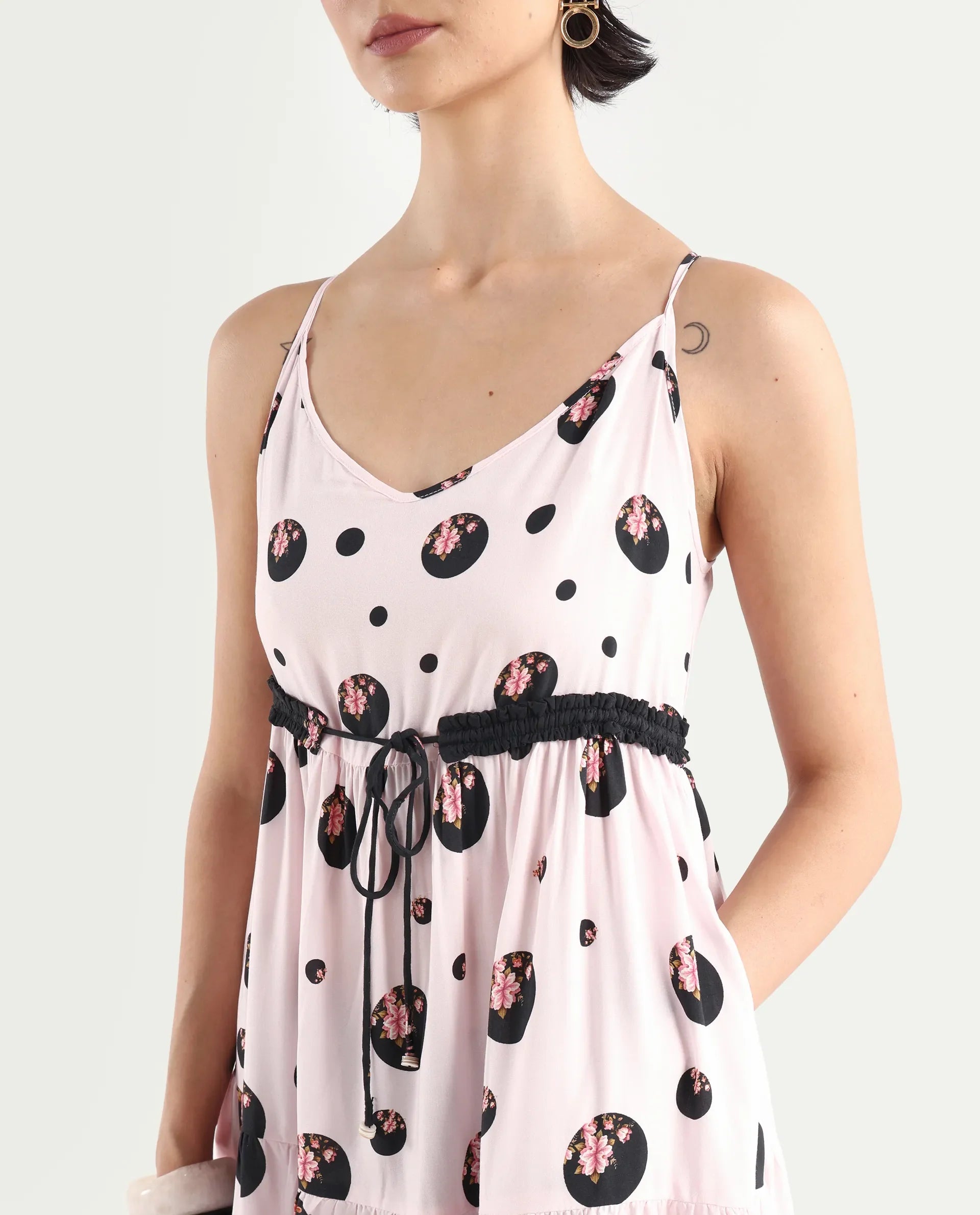Rareism Women's Lavandula Pink Polyester Shoulder Strap Polka Print Shoulder Strap Midi Relaxed Fit Dress