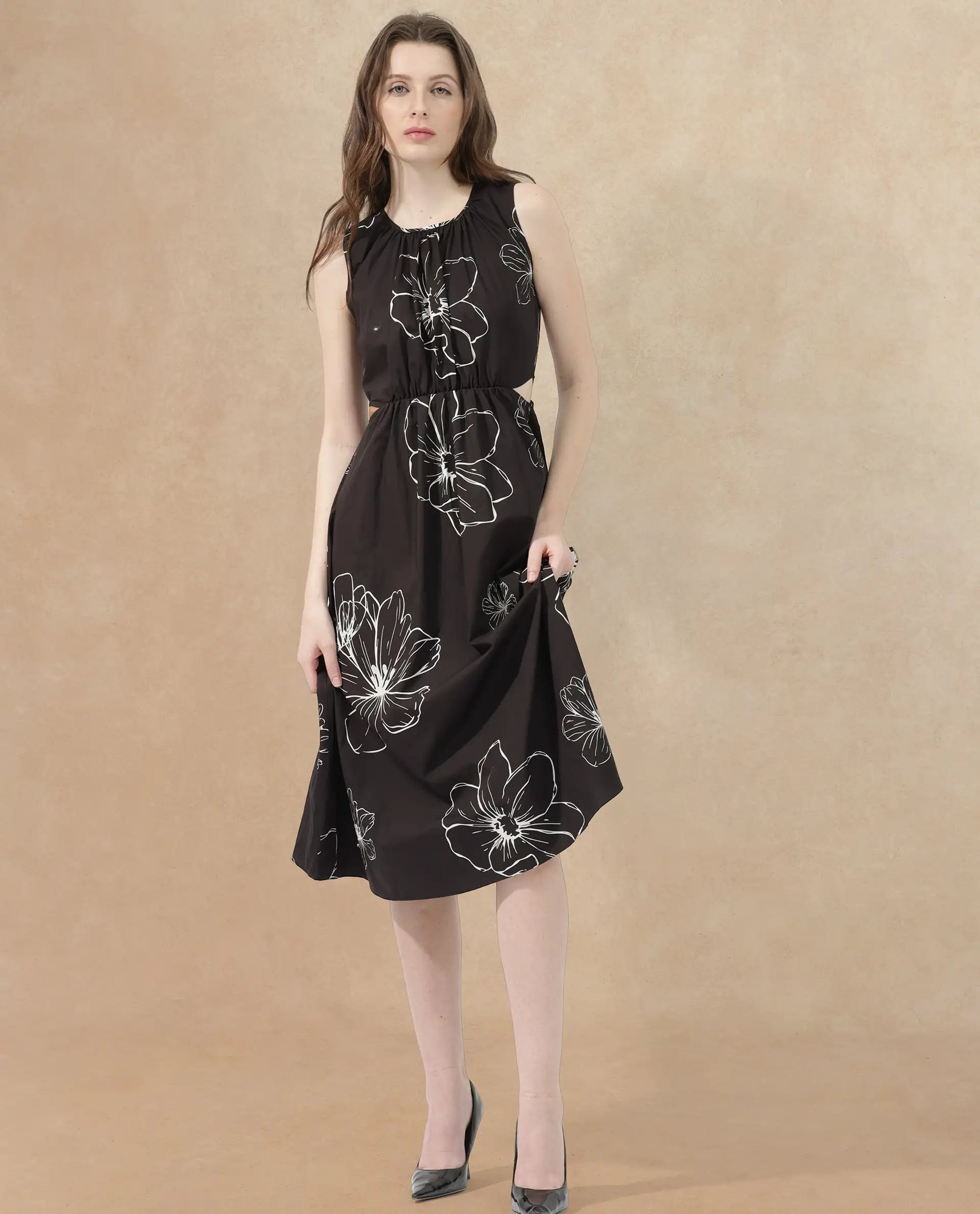 Rareism Women's Layla Brown Cotton Blend Crew Neck Floral Print Sleeveless Midi Fit And Flare Dress