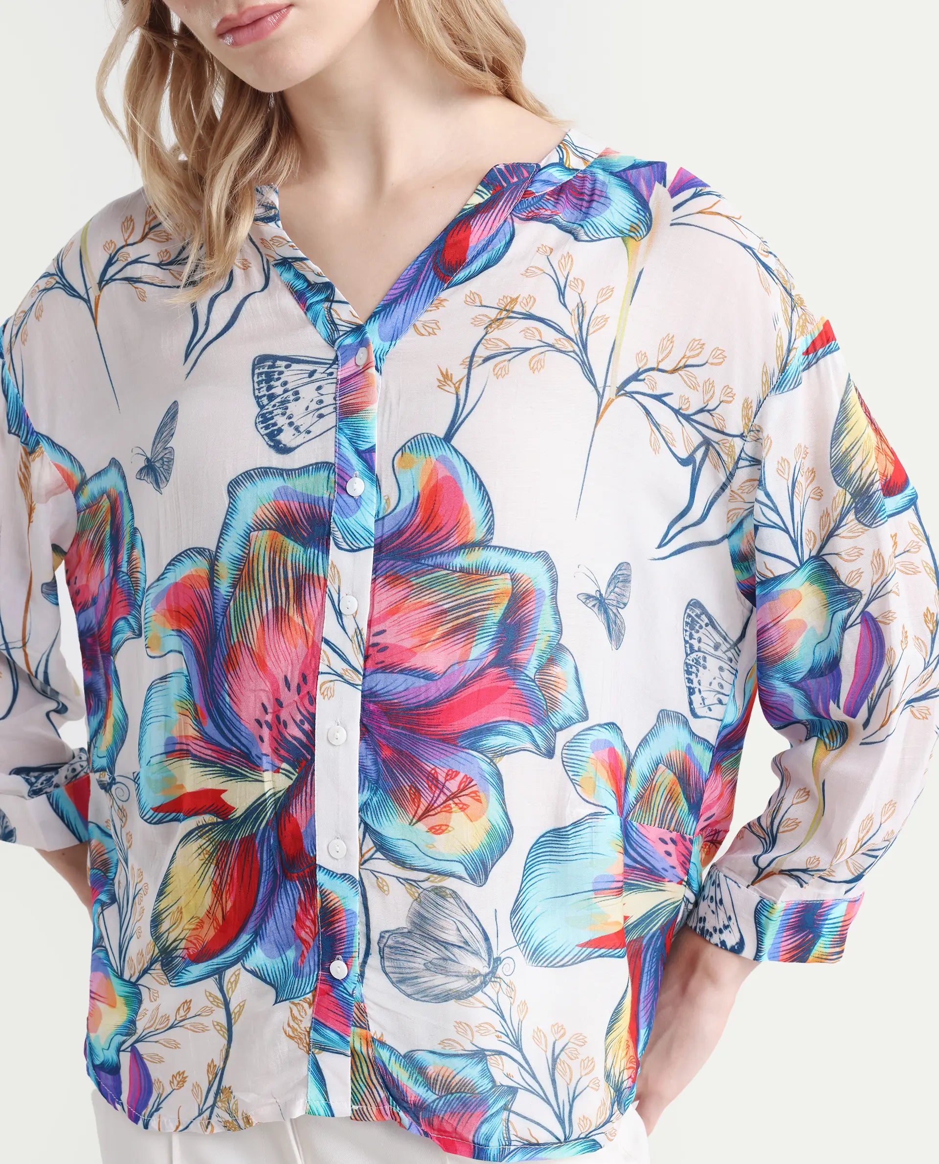 Rareism Women's Layton Multi Rayon Mandarin Collar Floral Print Cuffed Sleeve Relaxed Fit Top