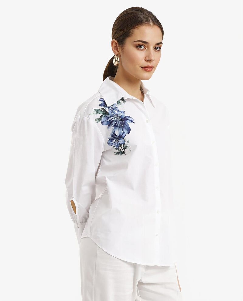 Rareism Women Lazia White Cuffed Sleeve Collared Neck Floral Print Shirt