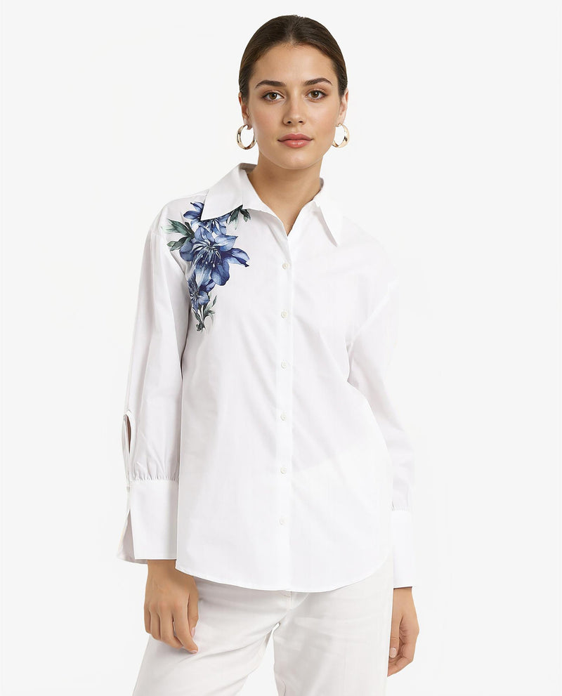 Rareism Women Lazia White Cuffed Sleeve Collared Neck Floral Print Shirt