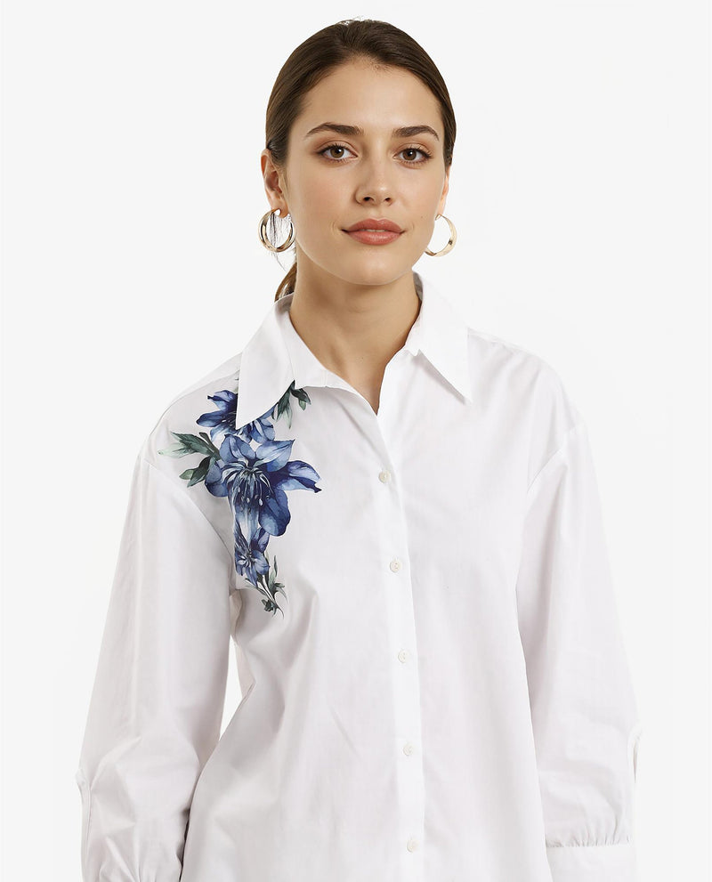 Rareism Women Lazia White Cuffed Sleeve Collared Neck Floral Print Shirt