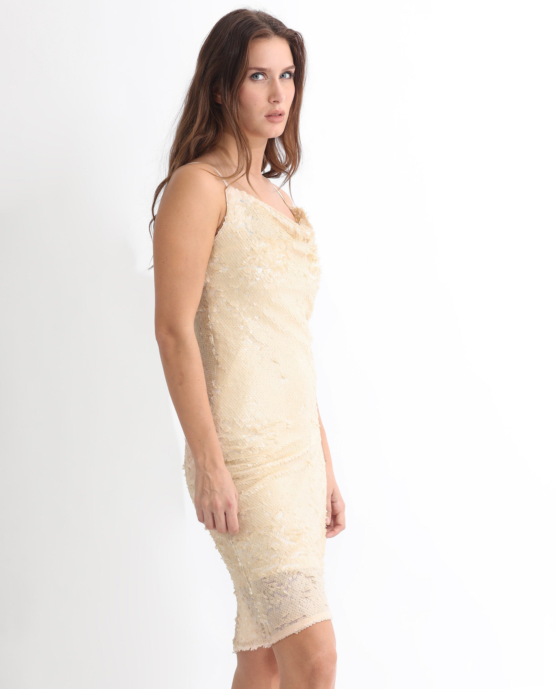 Rareism Women's Leah Sheen Off White Polyester Shoulder Strap Sequined Shoulder Strap Knee Length Regular Fit Dress