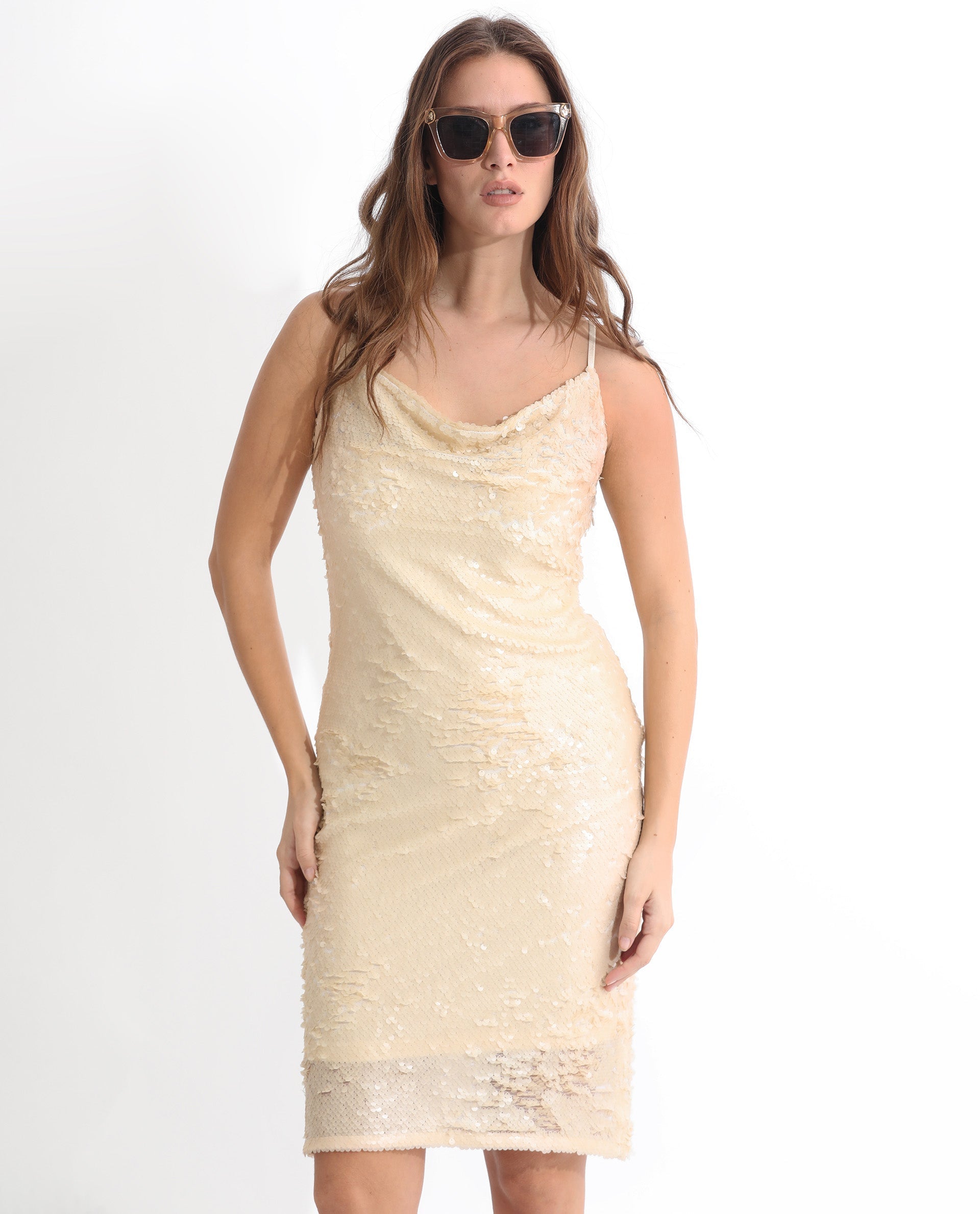 Rareism Women's Leah Sheen Off White Polyester Shoulder Strap Sequined Shoulder Strap Knee Length Regular Fit Dress
